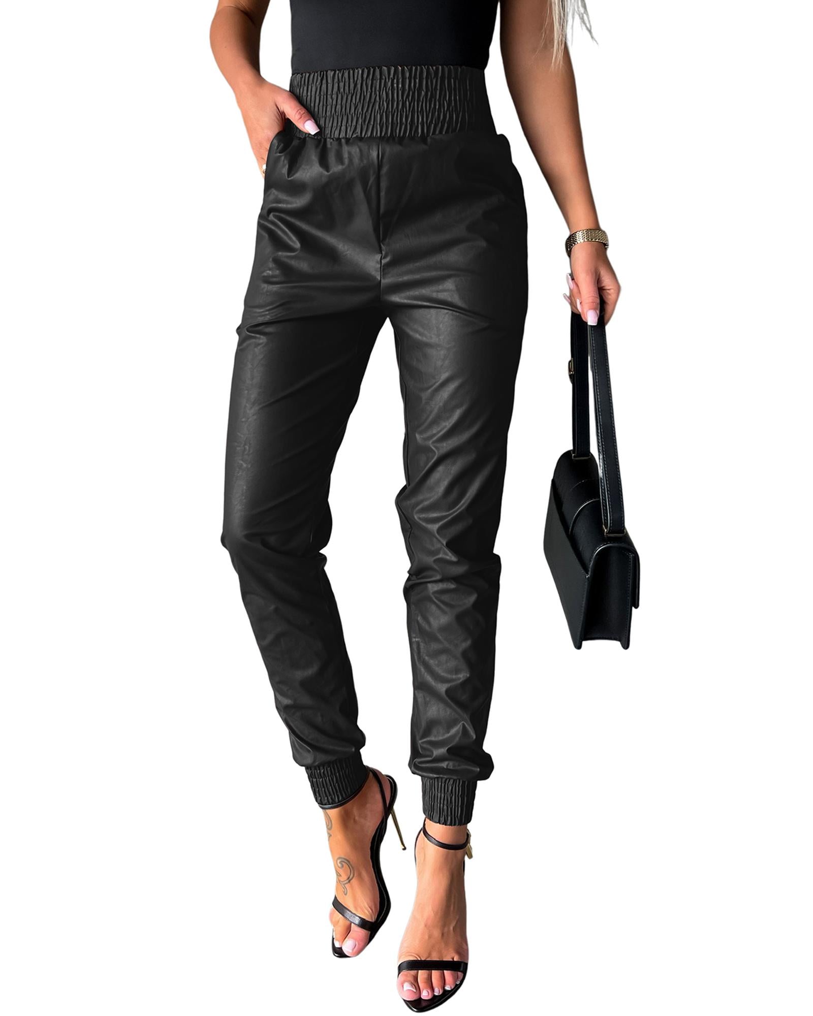 Black Smocked High-Waist Leather Skinny Pants - XL 3