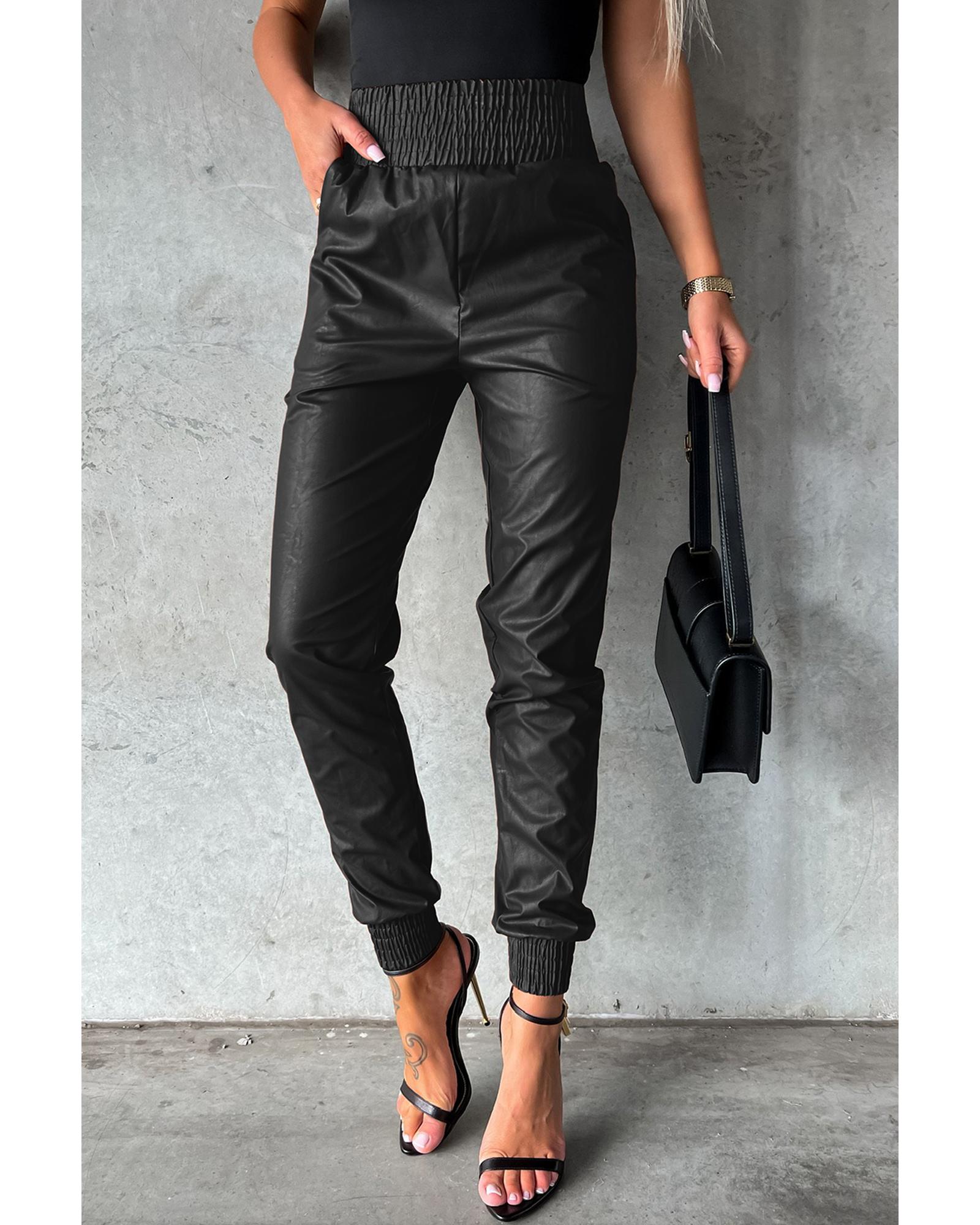 Black Smocked High-Waist Leather Skinny Pants - XL 4