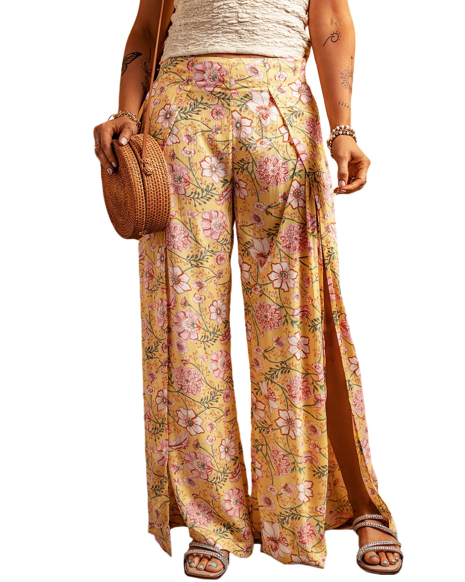Yellow Floral Print High Slit Wide Leg Pants - M