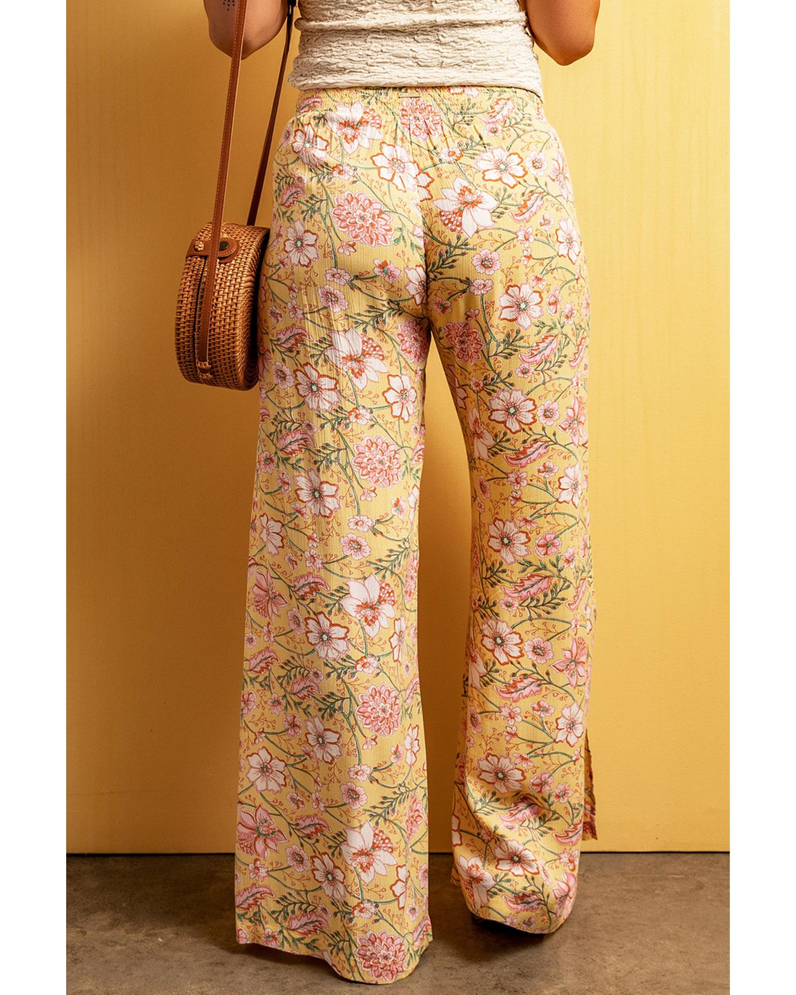 Yellow Floral Print High Slit Wide Leg Pants - M 5