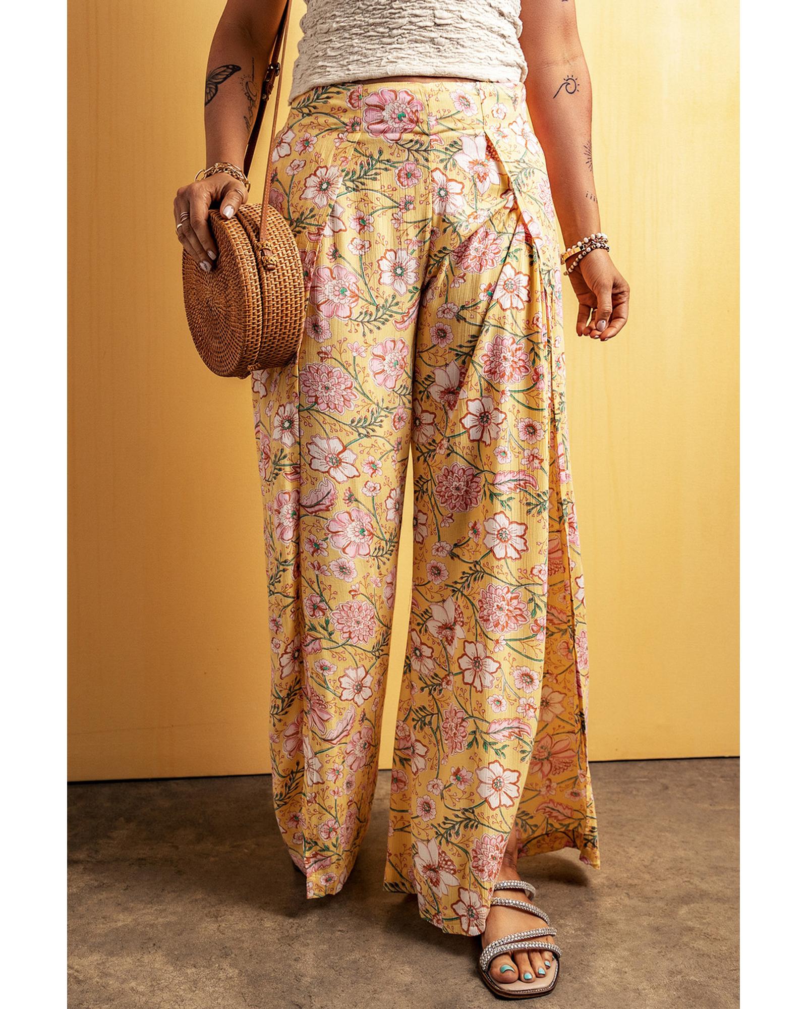 Yellow Floral Print High Slit Wide Leg Pants - M 6