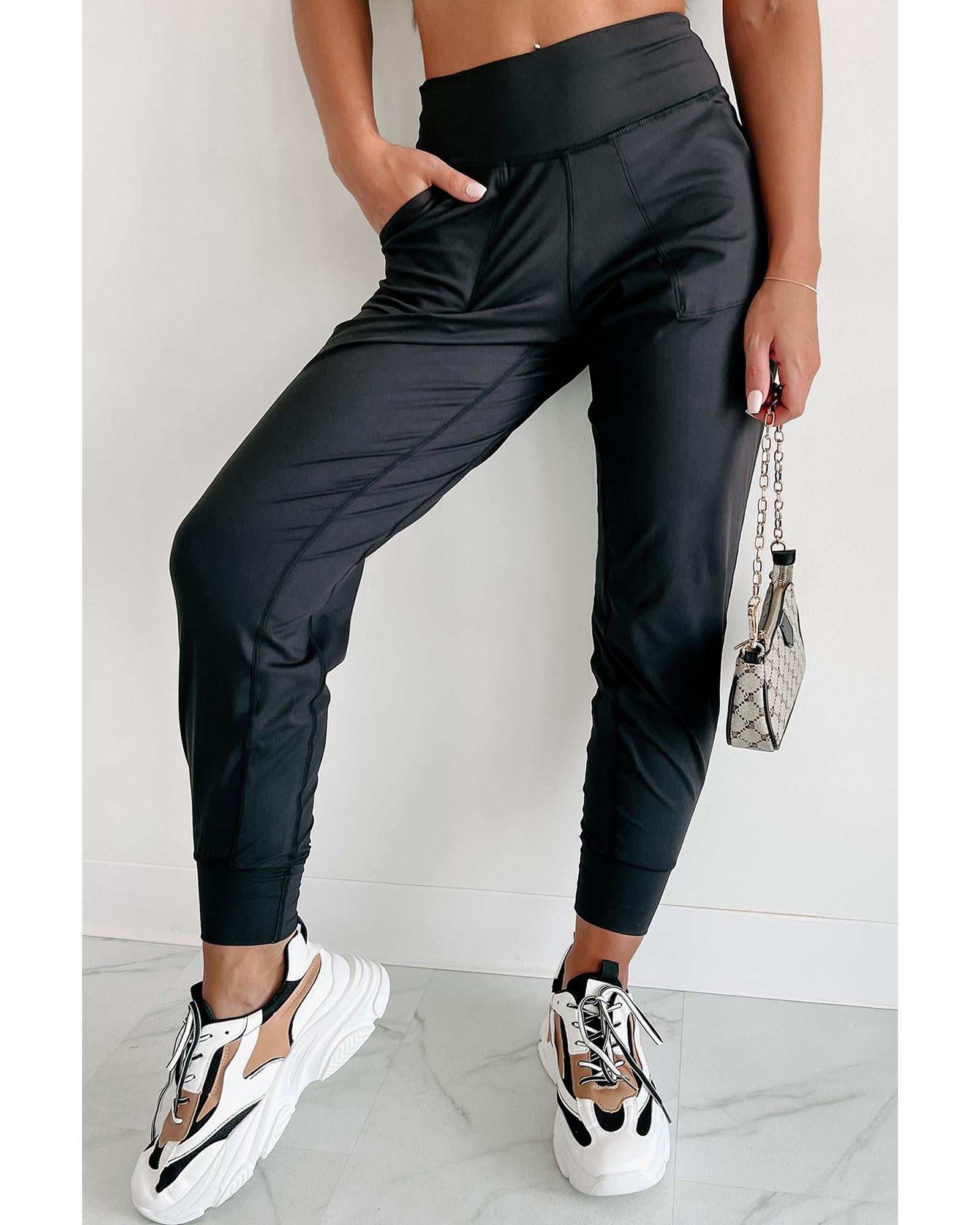 Black Exposed Seam High Waist Pocketed Joggers - S 4
