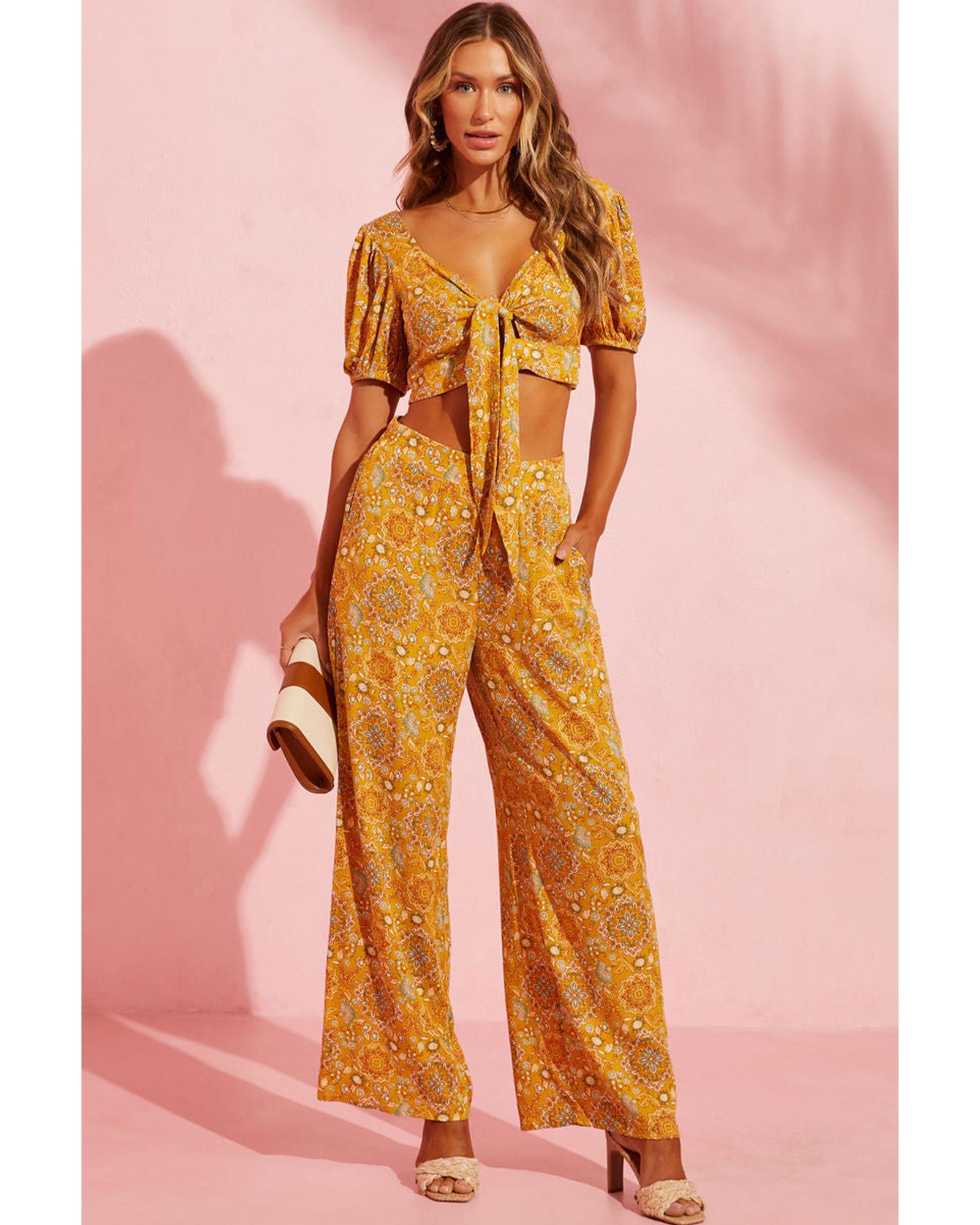 Yellow Bohemian Floral Print Pocketed Wide Leg Pants - L 5
