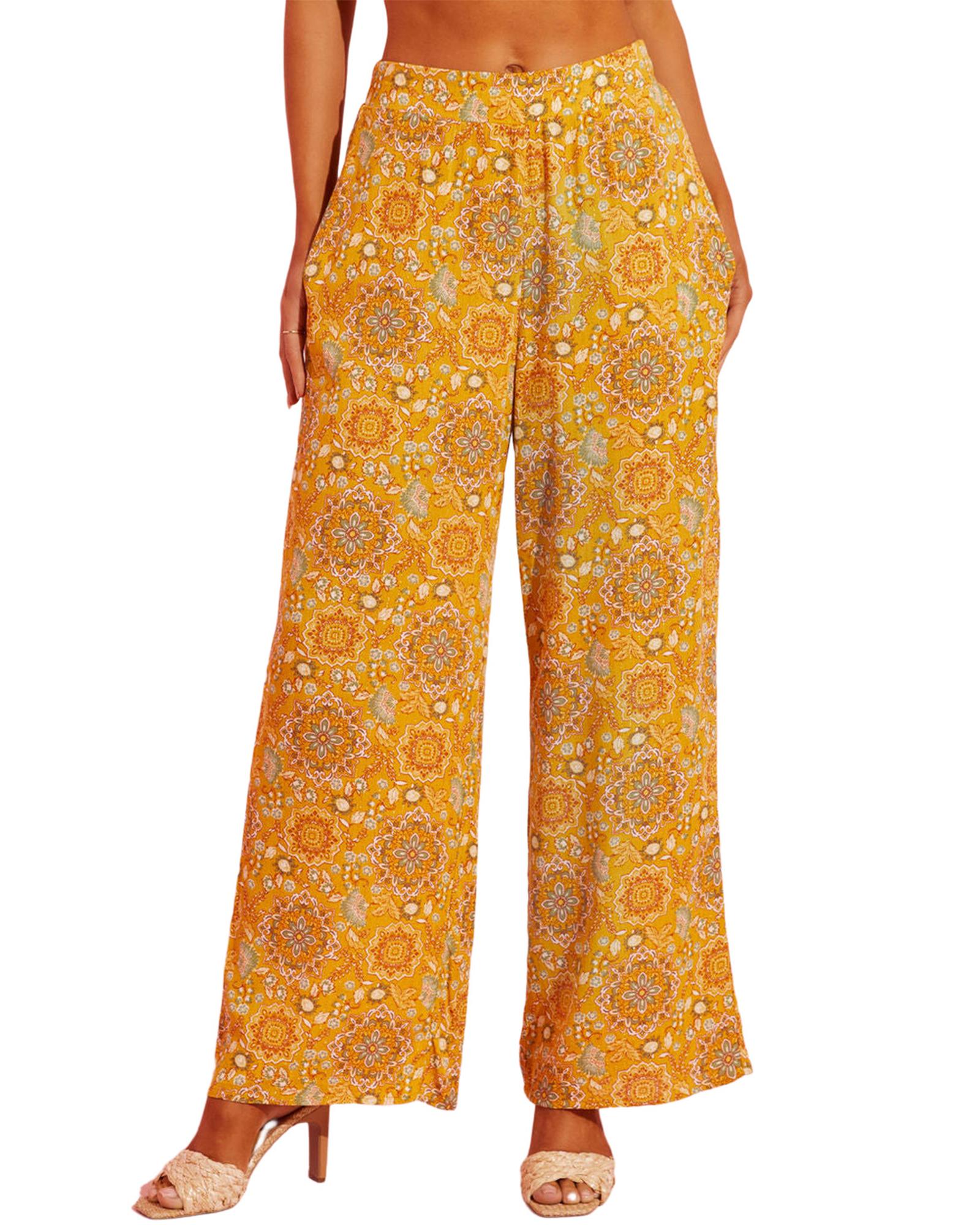 Yellow Bohemian Floral Print Pocketed Wide Leg Pants - L 6