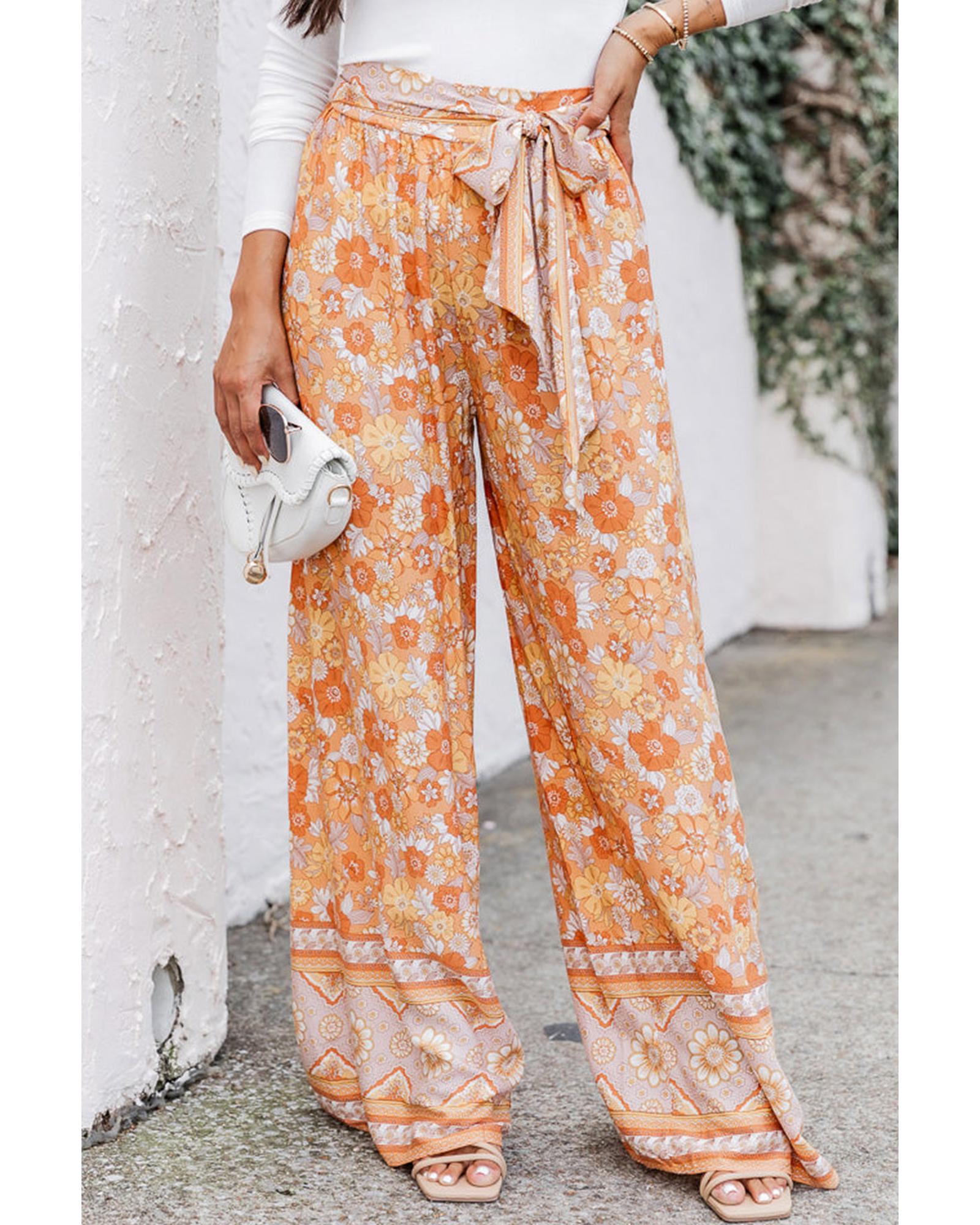 Grapefruit Orange Tie Waist Boho Floral Wide Leg Pants - L 4