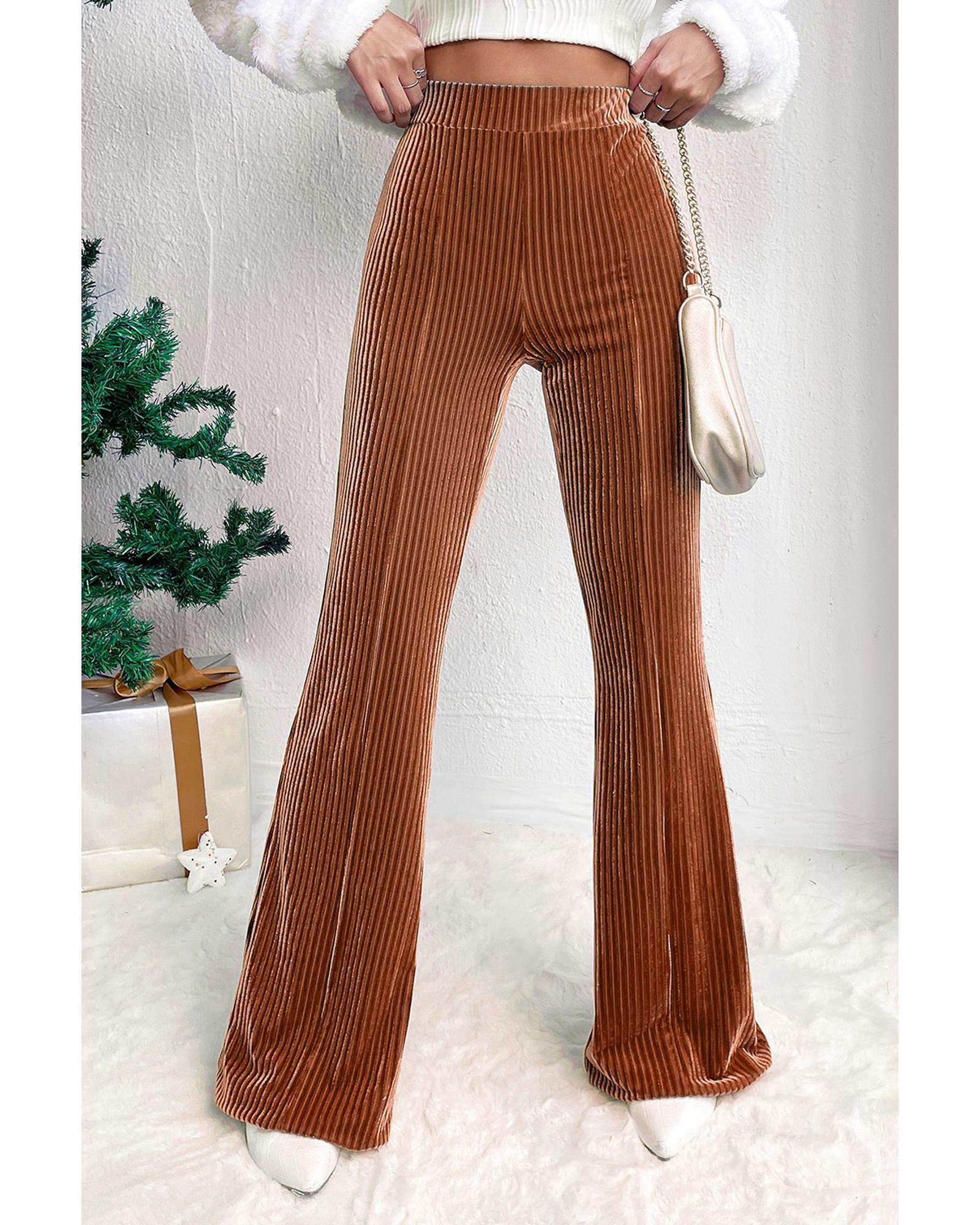 Chestnut Solid Color High Waist Flare Corduroy Pants - M
