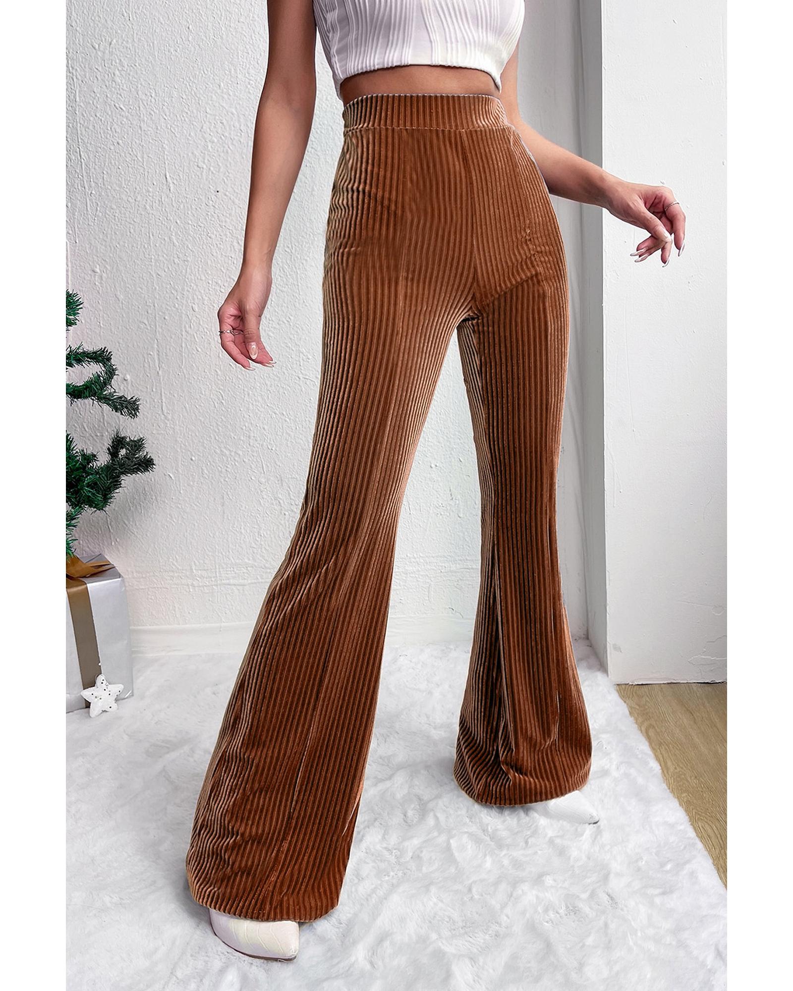 Chestnut Solid Color High Waist Flare Corduroy Pants - M 3