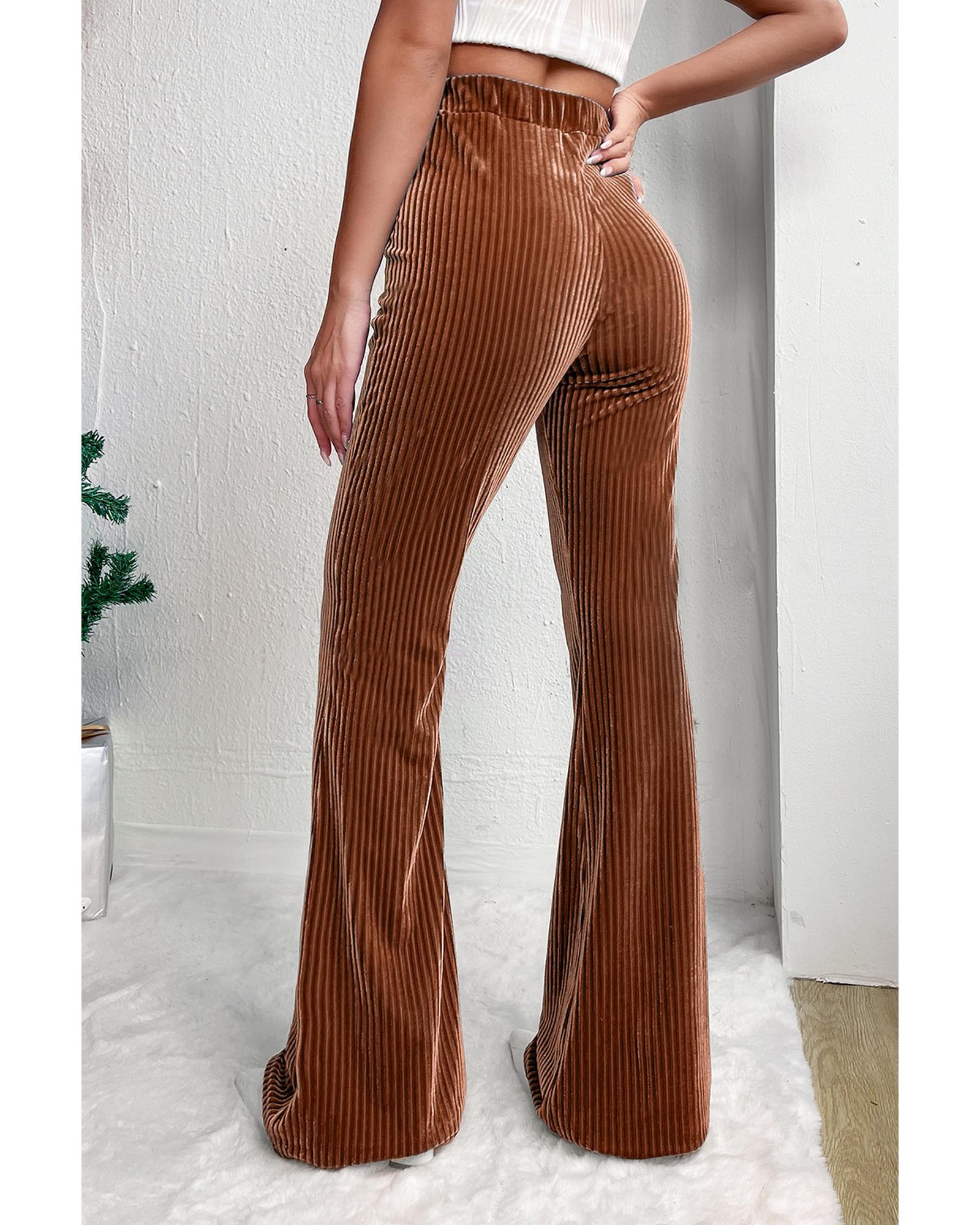 Chestnut Solid Color High Waist Flare Corduroy Pants - M 5