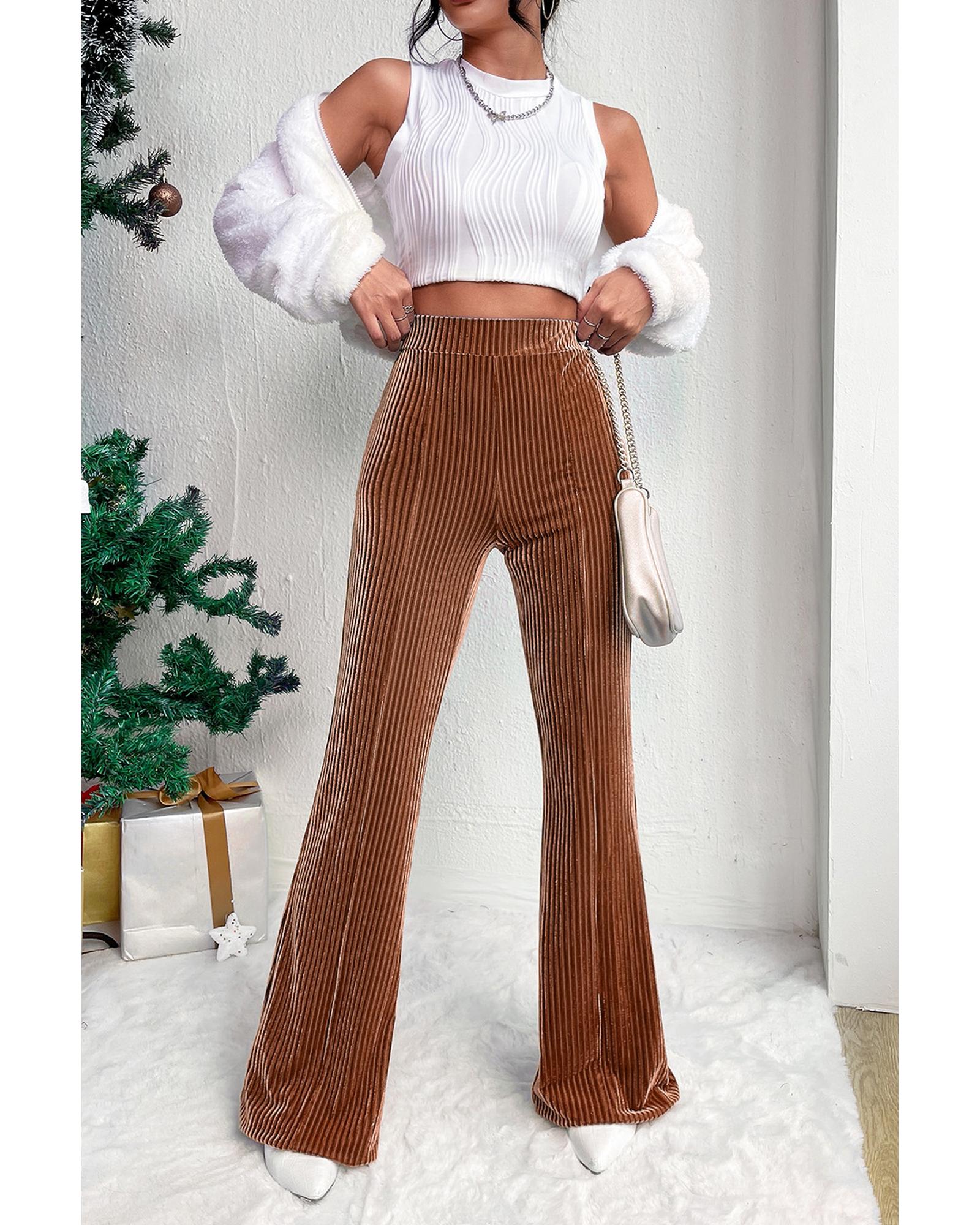 Chestnut Solid Color High Waist Flare Corduroy Pants - M 6