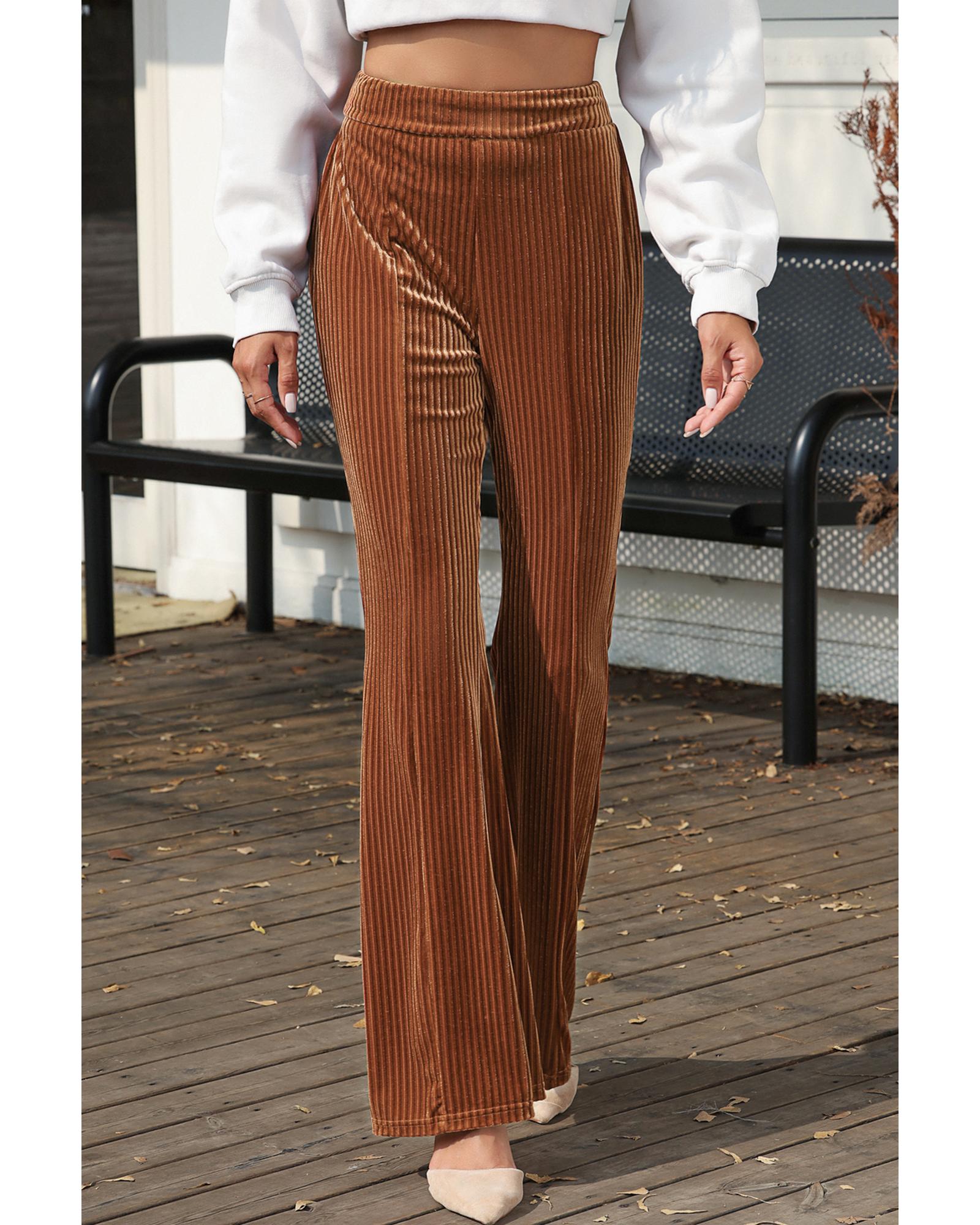 Chestnut Solid Color High Waist Flare Corduroy Pants - M 7