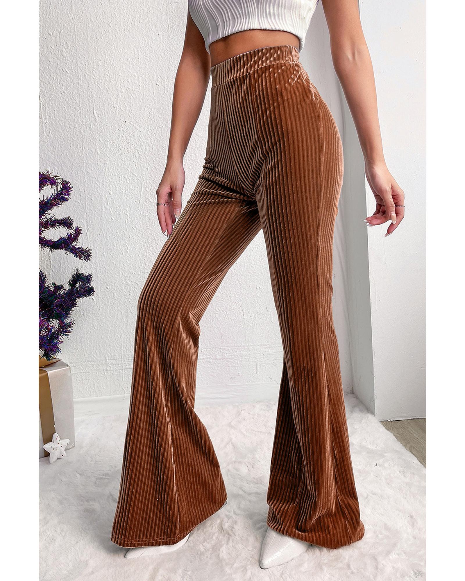 Chestnut Solid Color High Waist Flare Corduroy Pants - S
