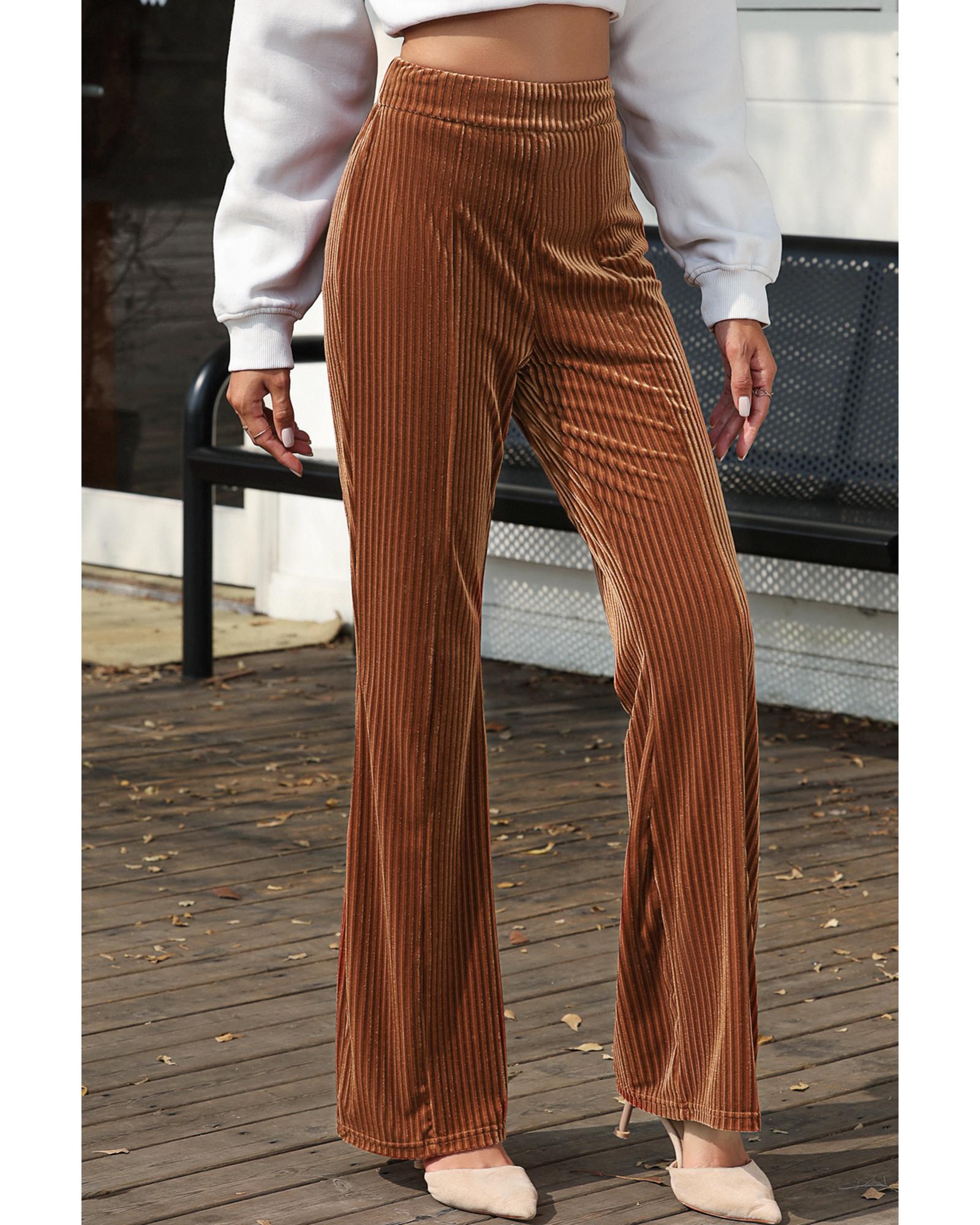 Chestnut Solid Color High Waist Flare Corduroy Pants - XL 7