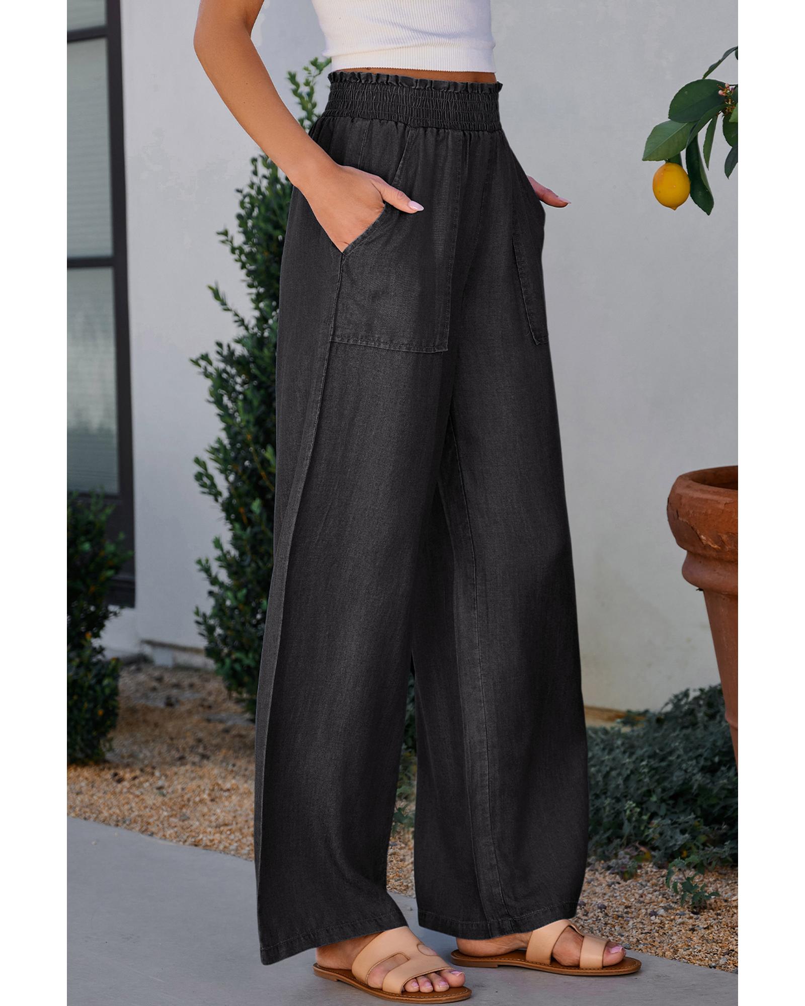 Black Side Pockets Frilled Smocked High Waist Wide Leg Jeans - 2XL 3