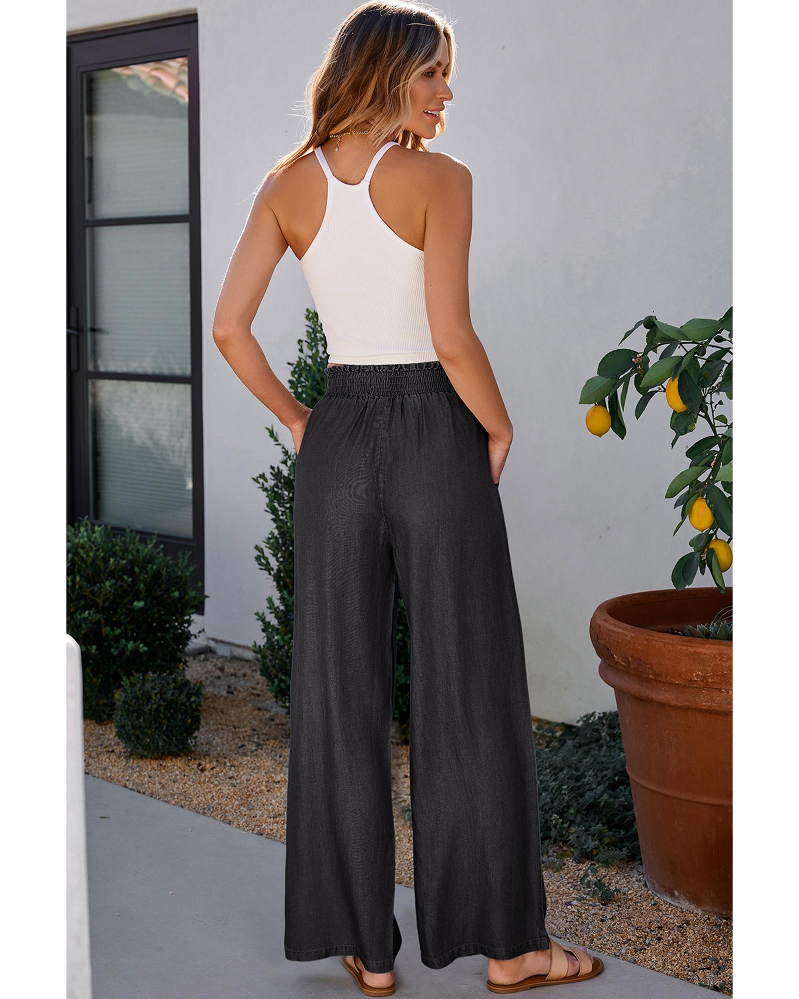 Black Side Pockets Frilled Smocked High Waist Wide Leg Jeans - 2XL 4