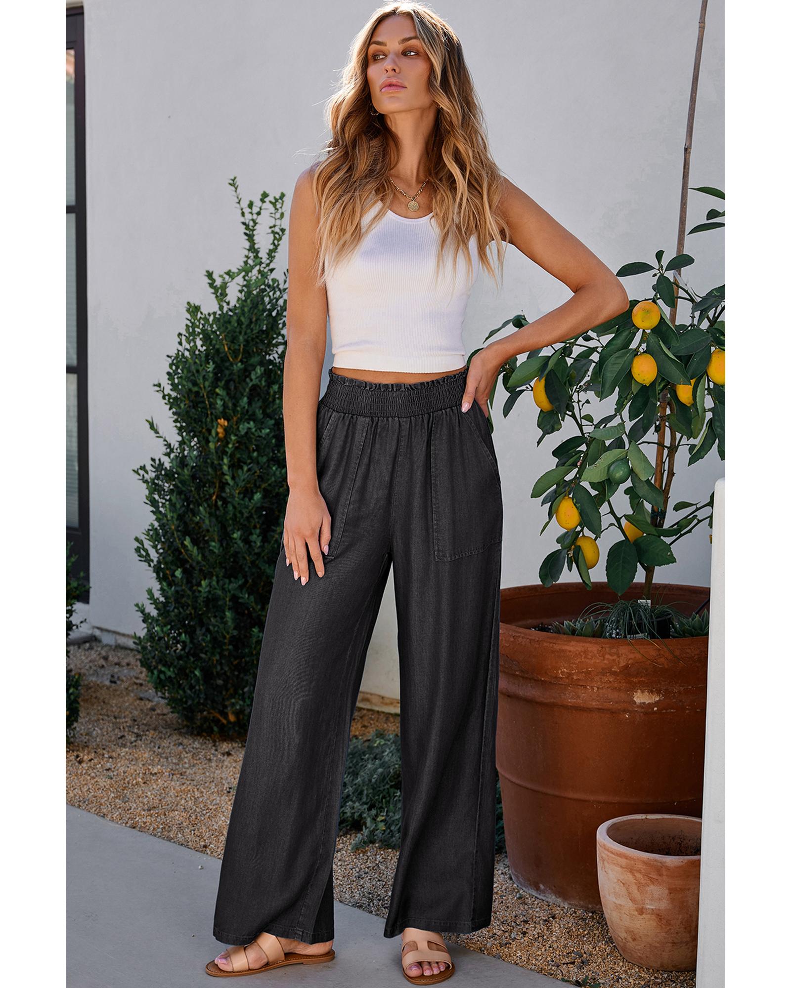 Black Side Pockets Frilled Smocked High Waist Wide Leg Jeans - 2XL 5