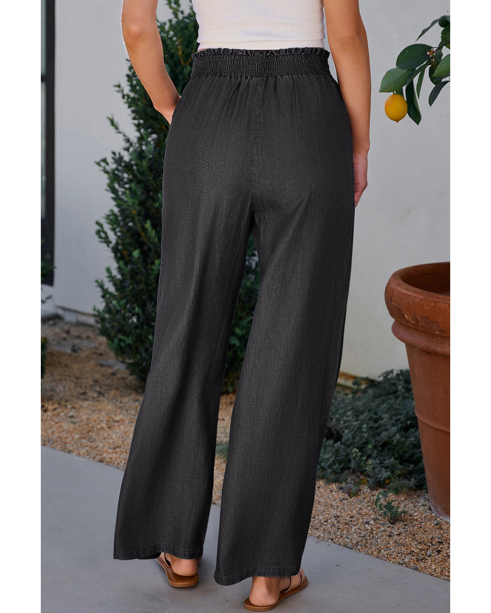 Black Side Pockets Frilled Smocked High Waist Wide Leg Jeans - M