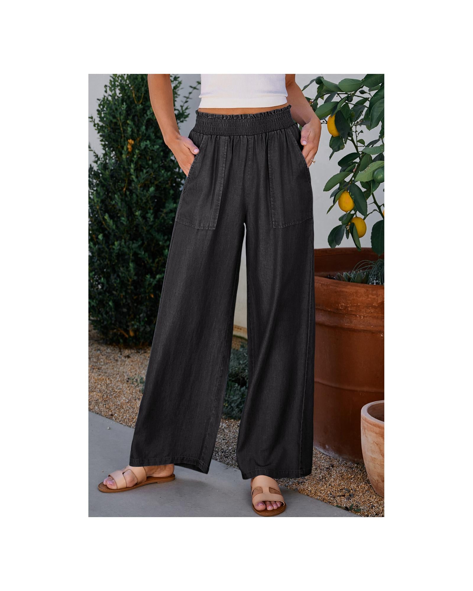 Black Side Pockets Frilled Smocked High Waist Wide Leg Jeans - XL