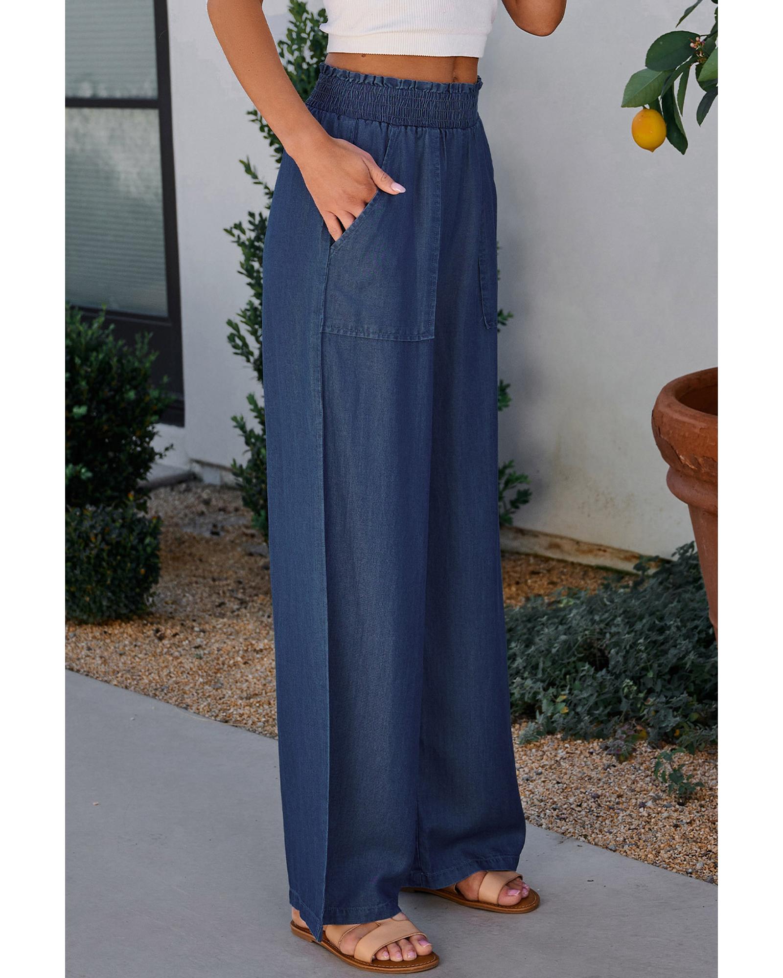 Sail Blue Side Pockets Frilled Smocked High Waist Wide Leg Jeans - S