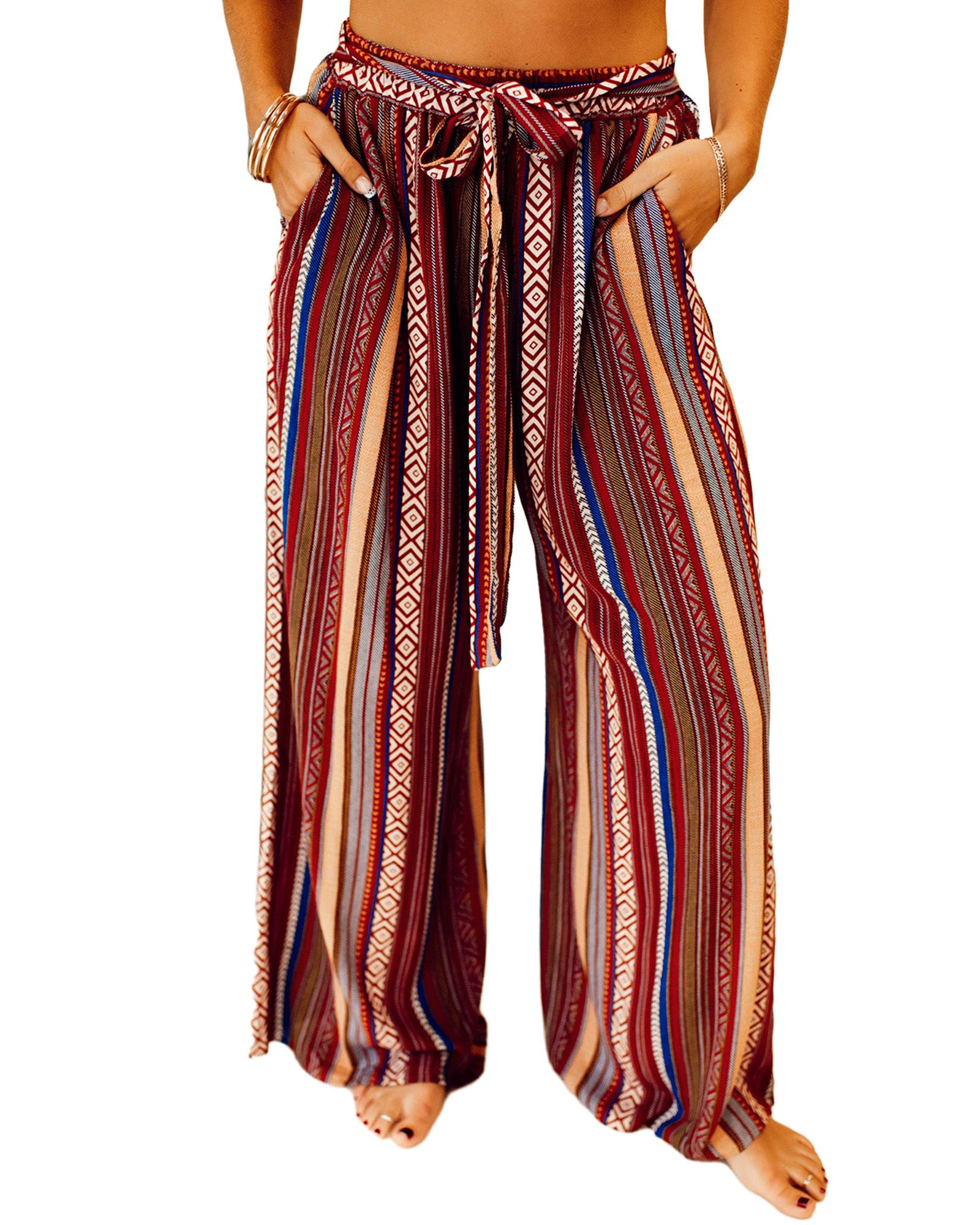 Red Boho Ethnic Striped Print Tie Waist Wide Leg Pants - L