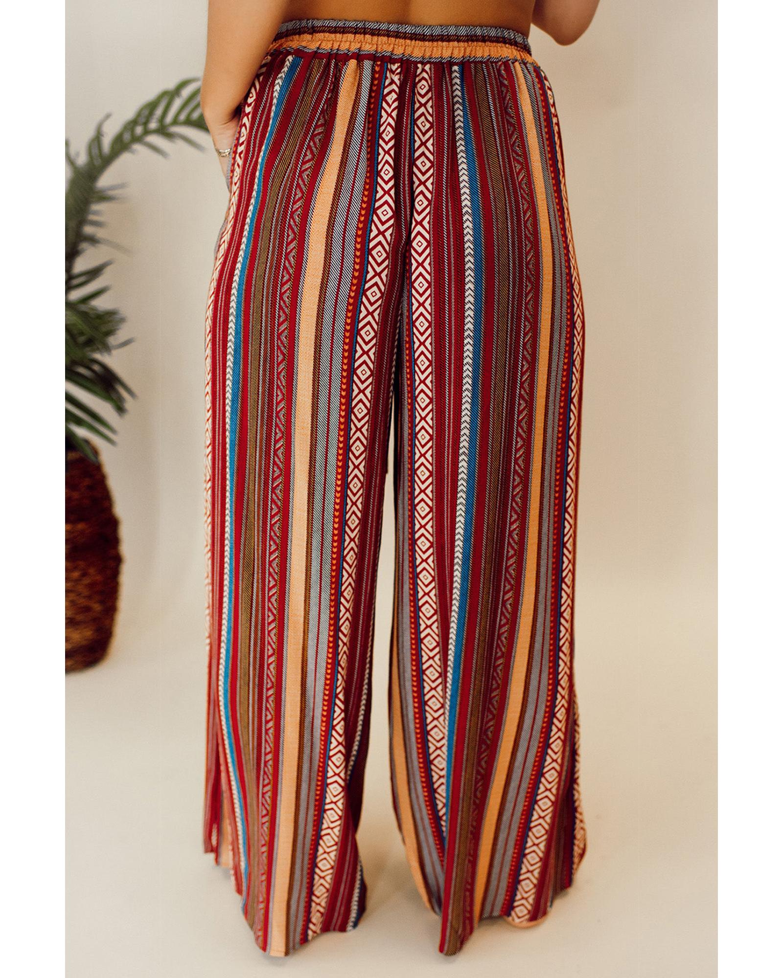 Red Boho Ethnic Striped Print Tie Waist Wide Leg Pants - L 3