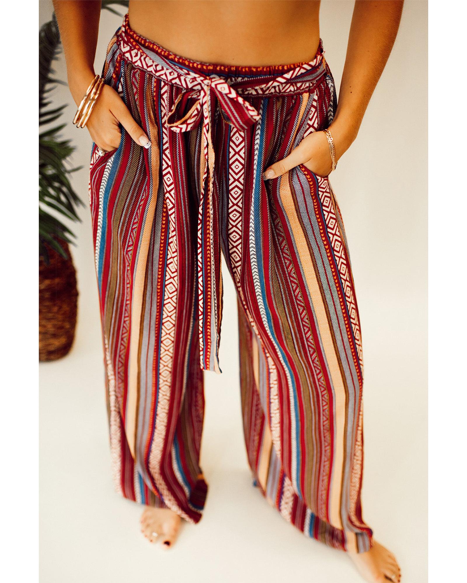 Red Boho Ethnic Striped Print Tie Waist Wide Leg Pants - L 4