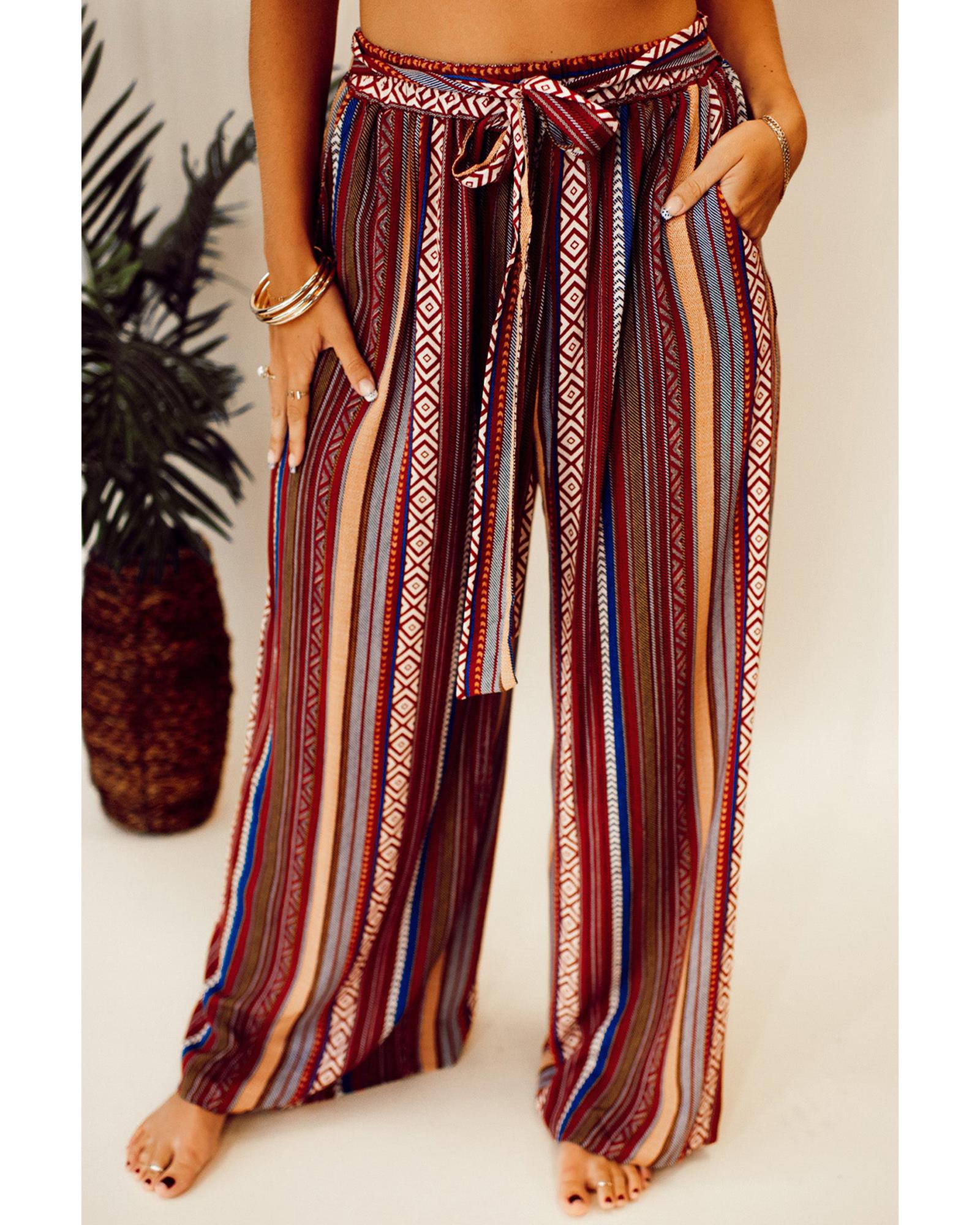 Red Boho Ethnic Striped Print Tie Waist Wide Leg Pants - L 5
