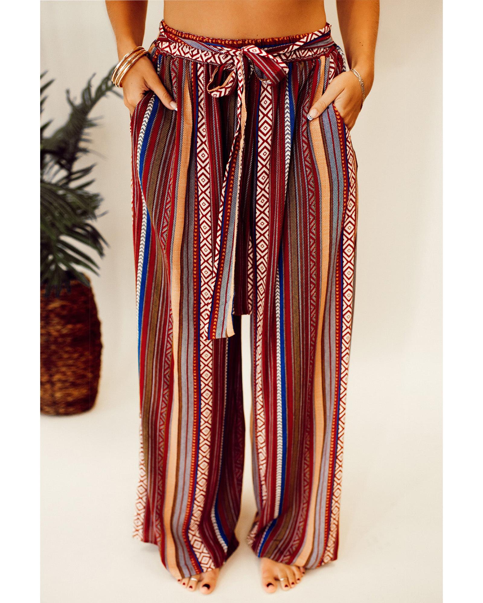 Red Boho Ethnic Striped Print Tie Waist Wide Leg Pants - L 6