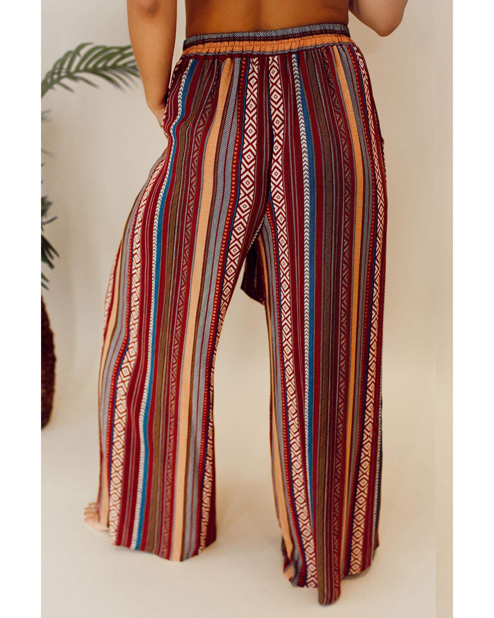 Red Boho Ethnic Striped Print Tie Waist Wide Leg Pants - L 7