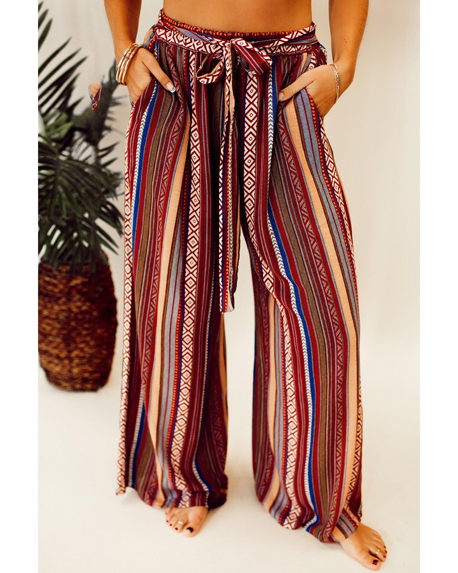 Red Boho Ethnic Striped Print Tie Waist Wide Leg Pants - L 8