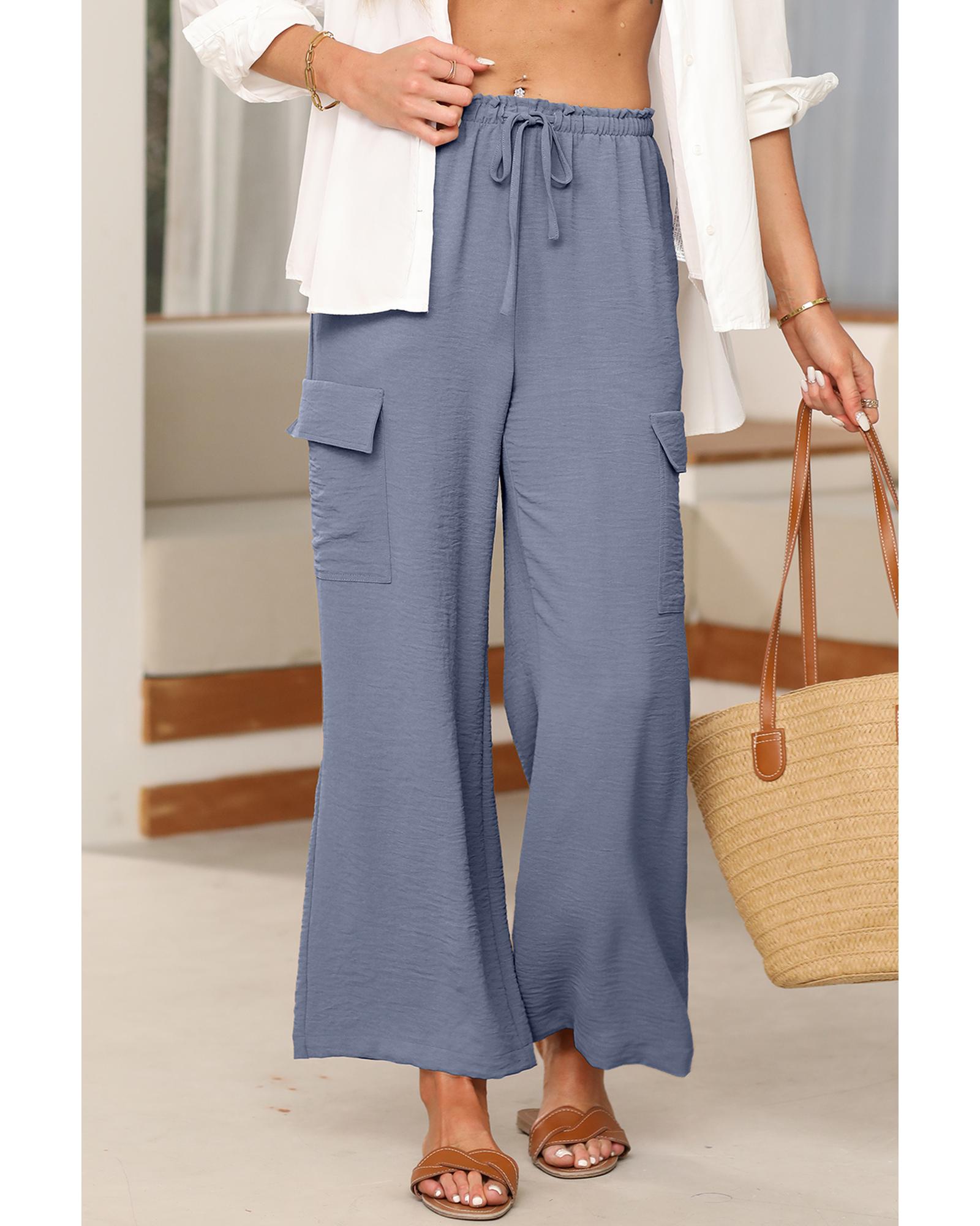 Dark Grey Drawstring Frilled Waist Wide Leg Utility Trousers - L 3