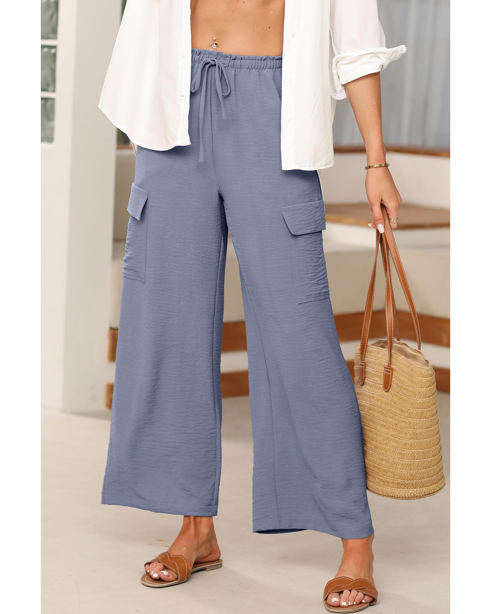 Dark Grey Drawstring Frilled Waist Wide Leg Utility Trousers - L 4