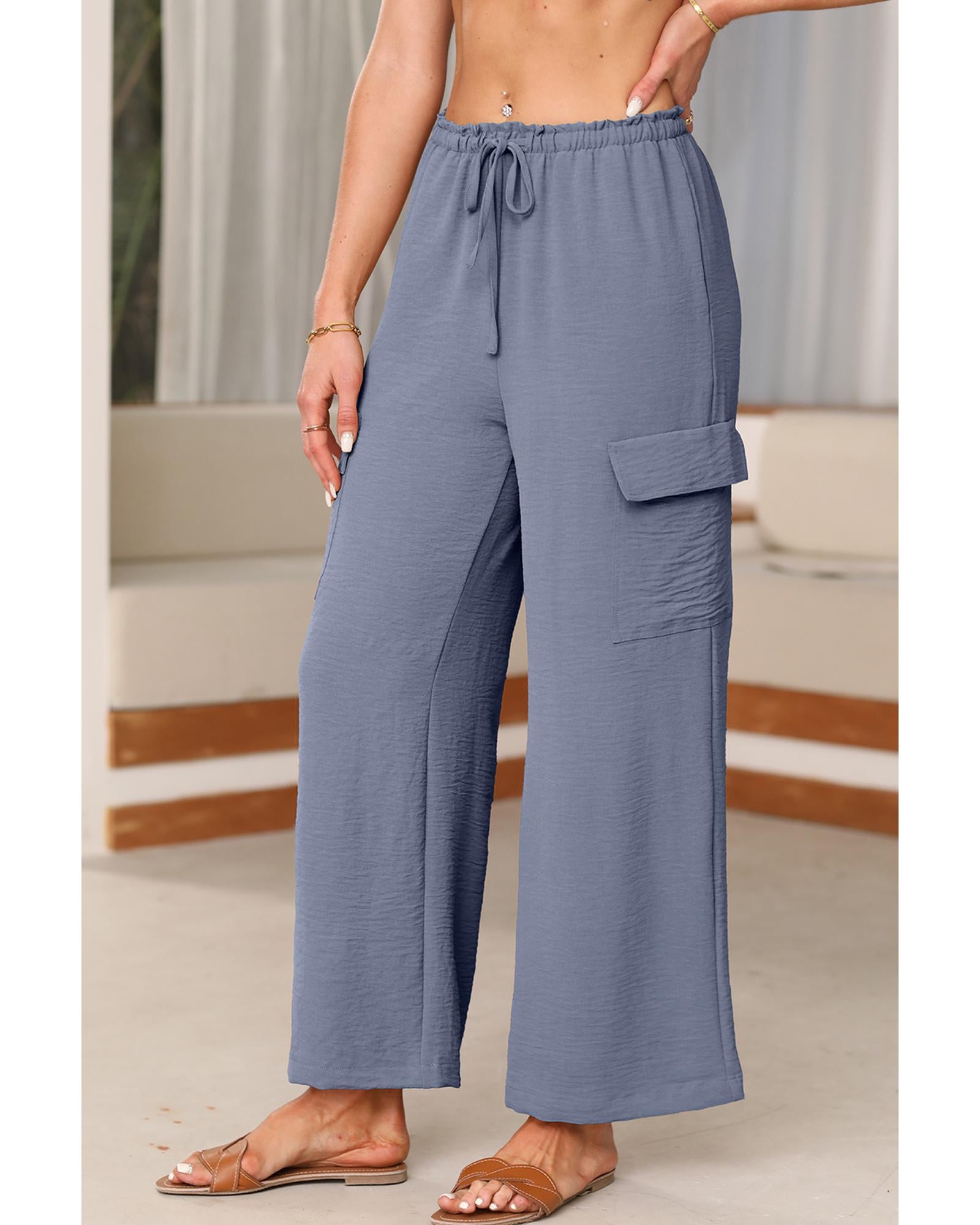 Dark Grey Drawstring Frilled Waist Wide Leg Utility Trousers - L 8