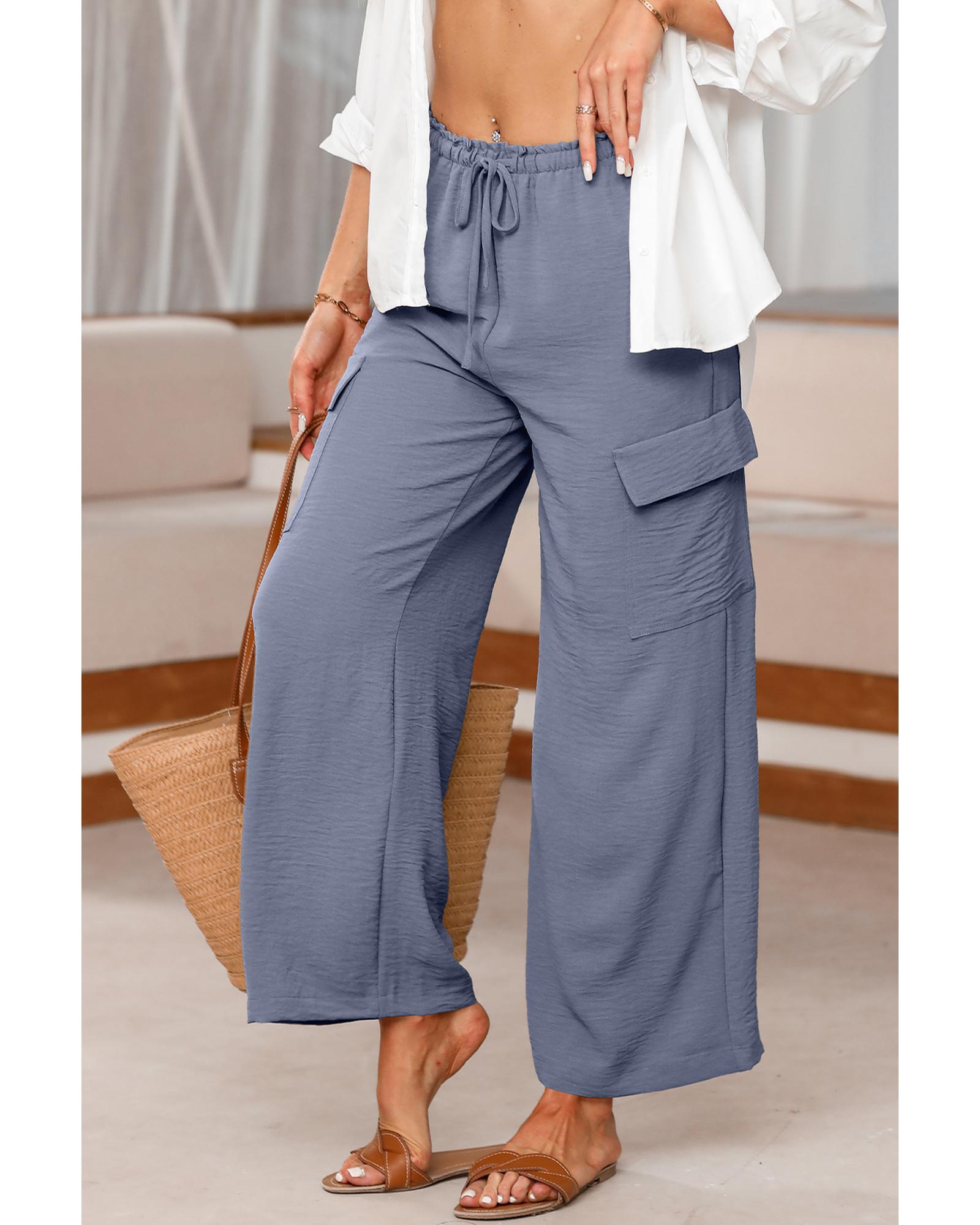 Dark Grey Drawstring Frilled Waist Wide Leg Utility Trousers - M 5
