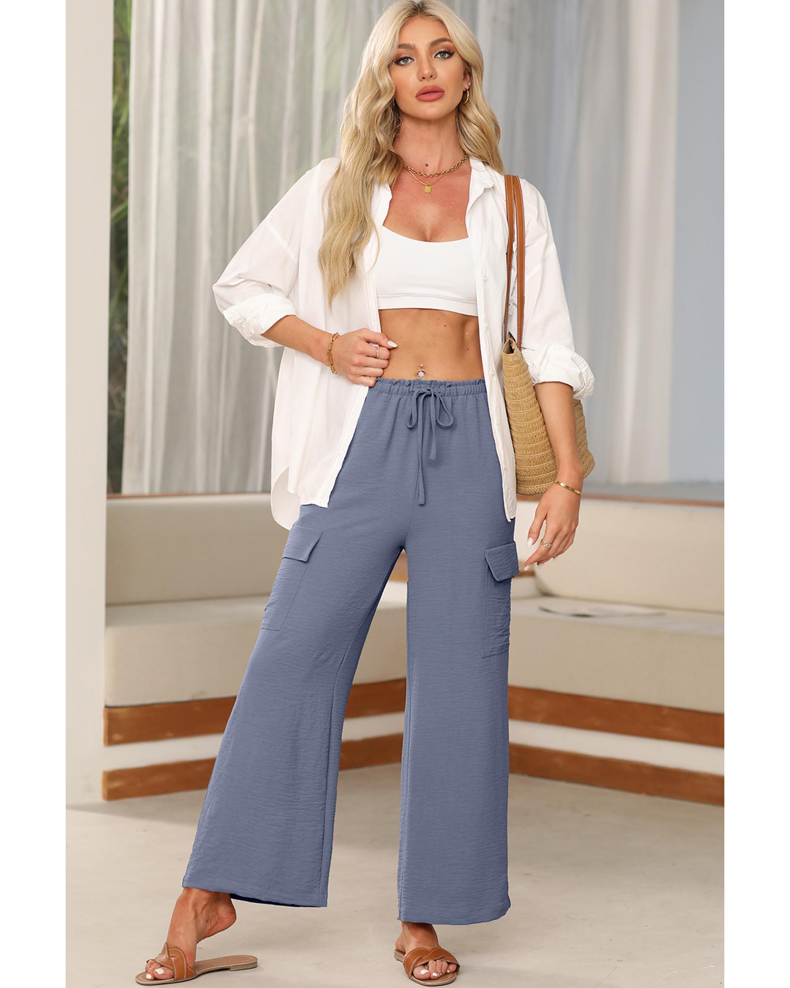 Dark Grey Drawstring Frilled Waist Wide Leg Utility Trousers - M 6