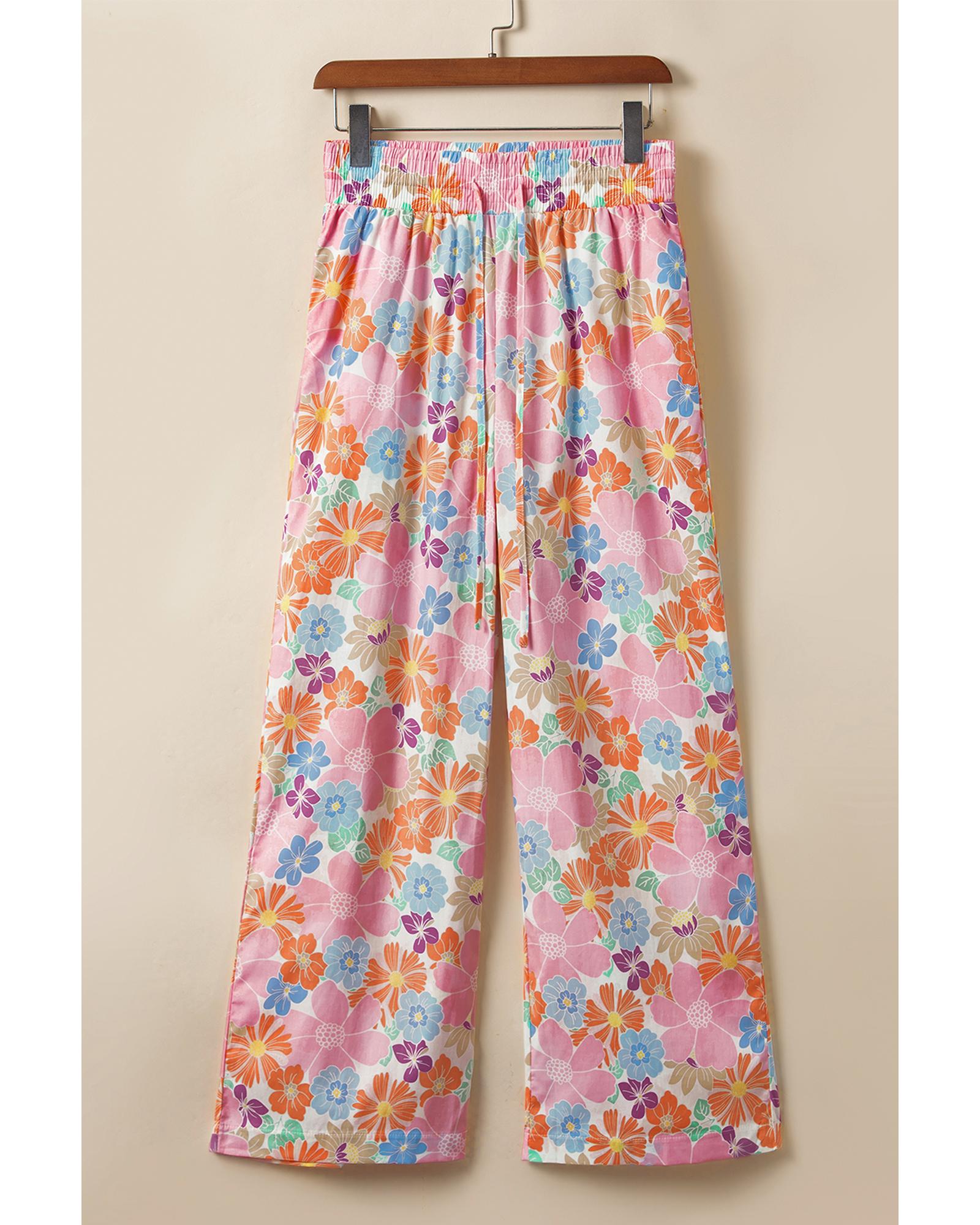 Pink Floral Smocked Waist Loose Pants - L