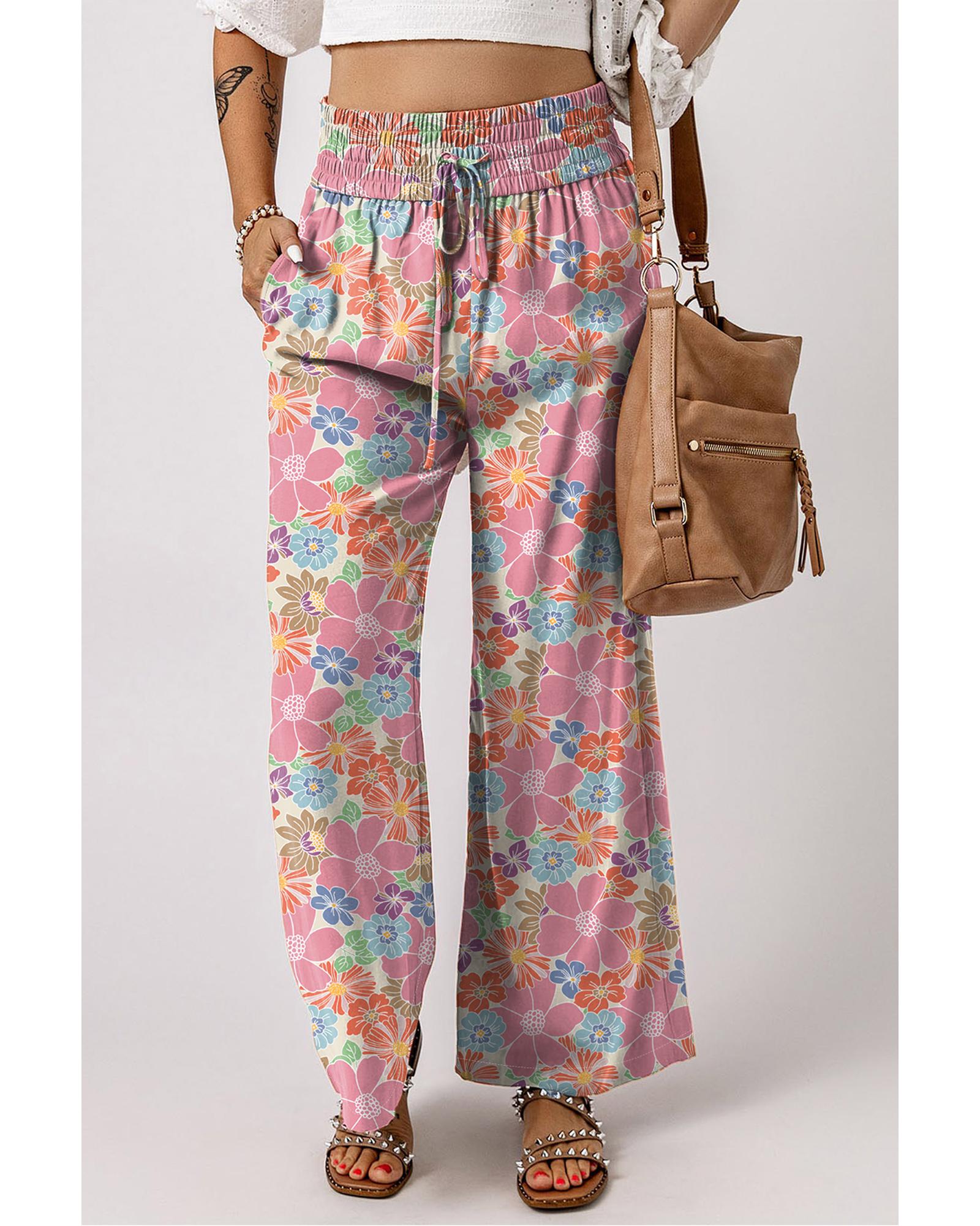 Pink Floral Smocked Waist Loose Pants - L 4