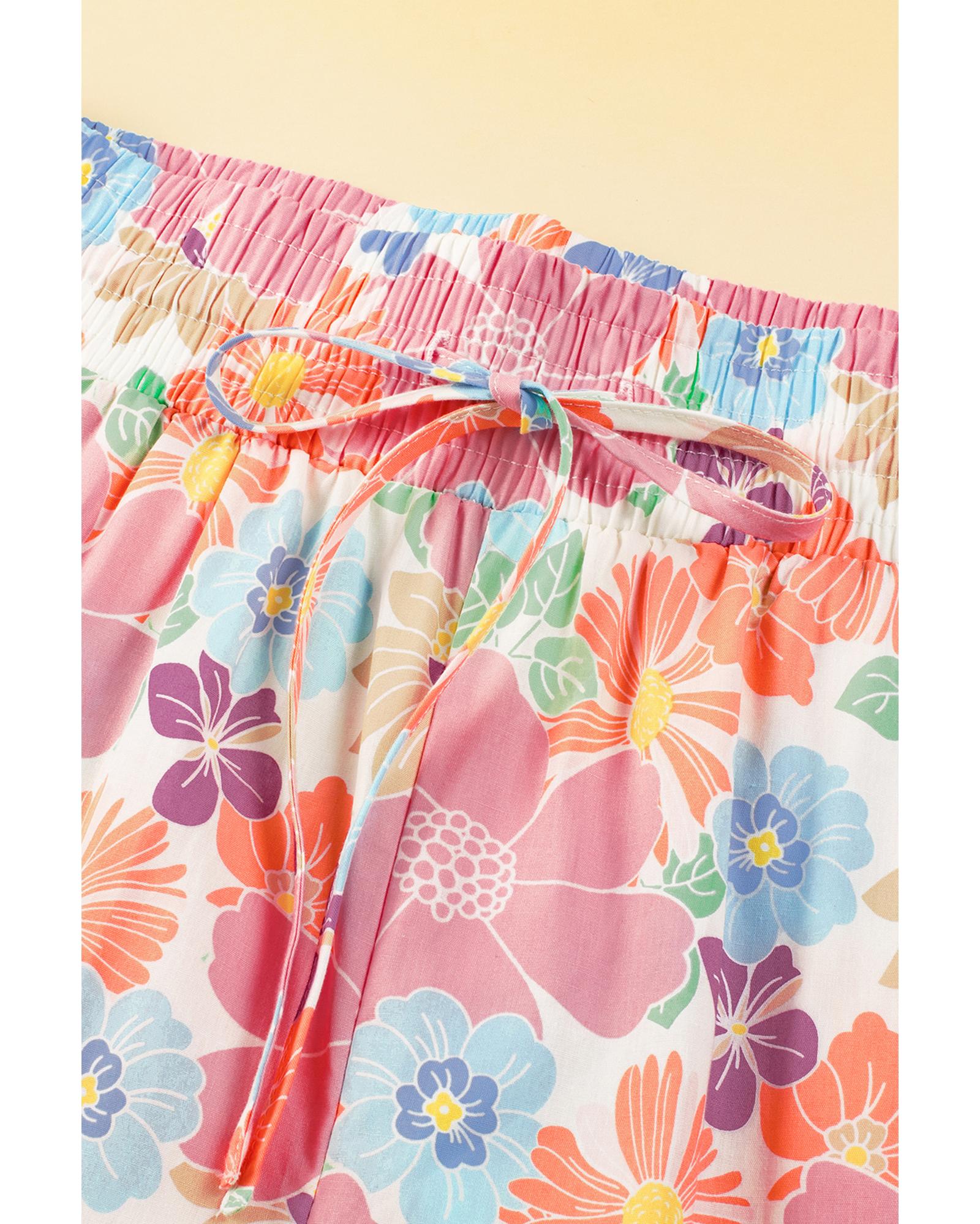 Pink Floral Smocked Waist Loose Pants - L 6