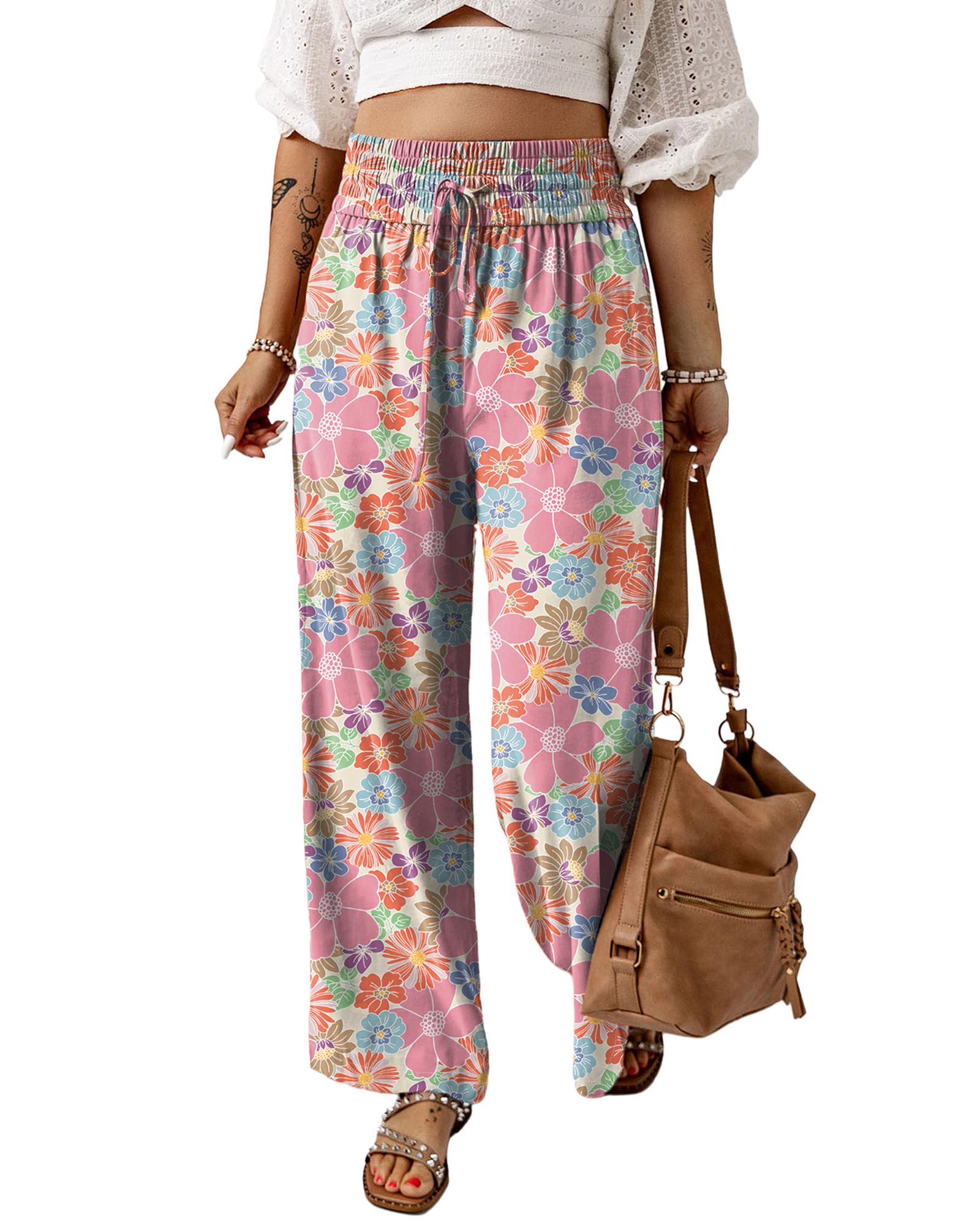 Pink Floral Smocked Waist Loose Pants - L 8