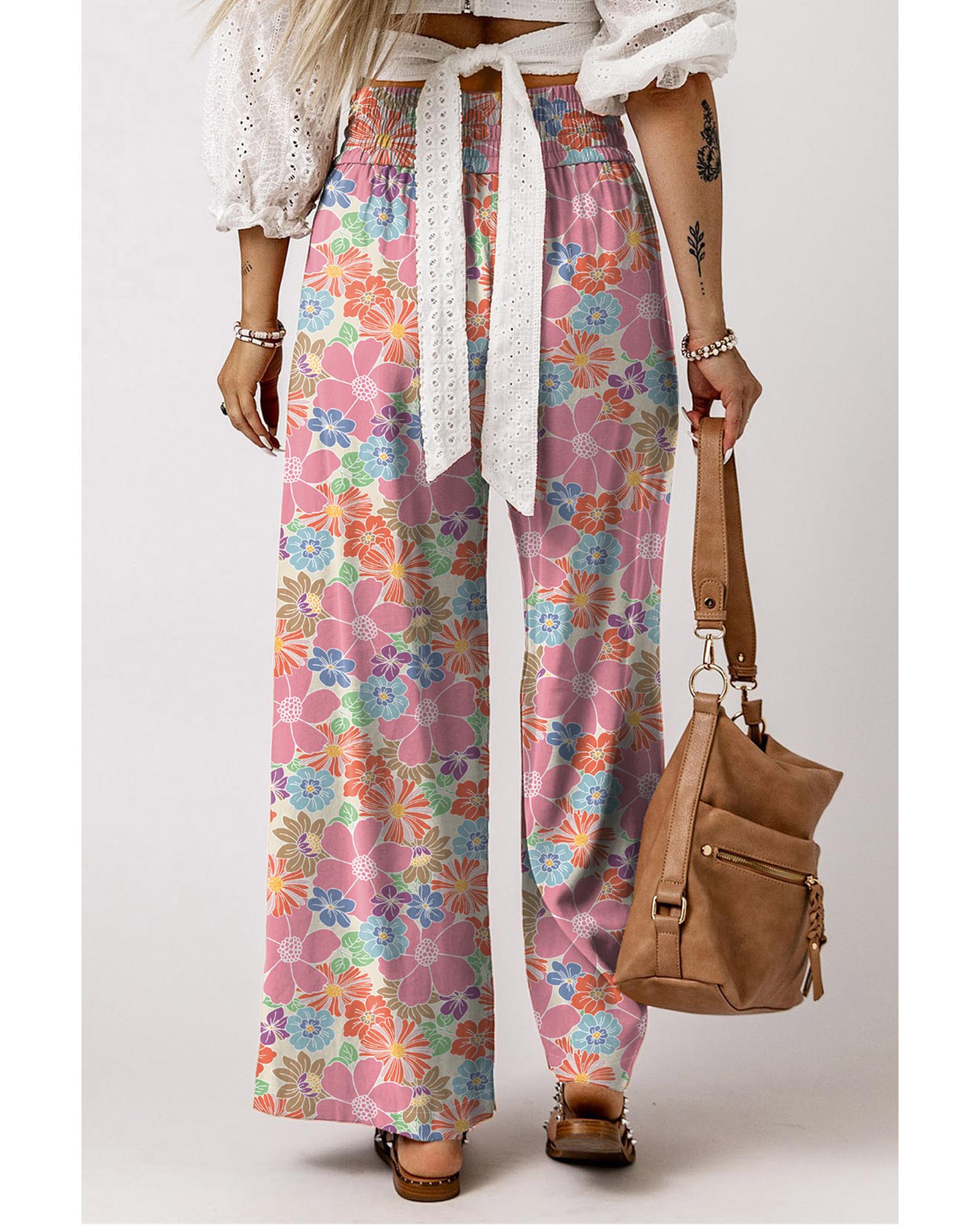 Pink Floral Smocked Waist Loose Pants - S 7