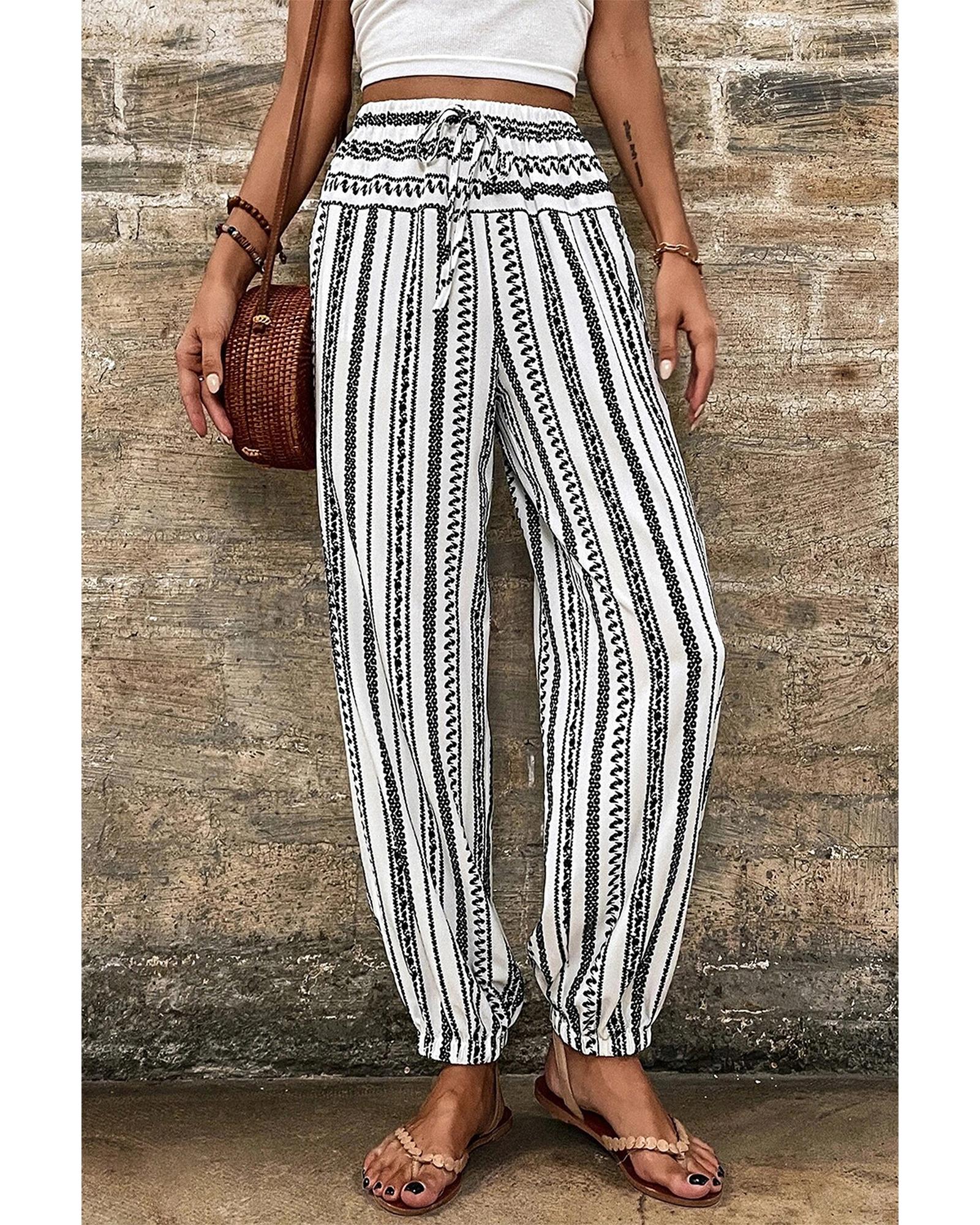 Black Stripe Boho Striped Print Casual Pants - L