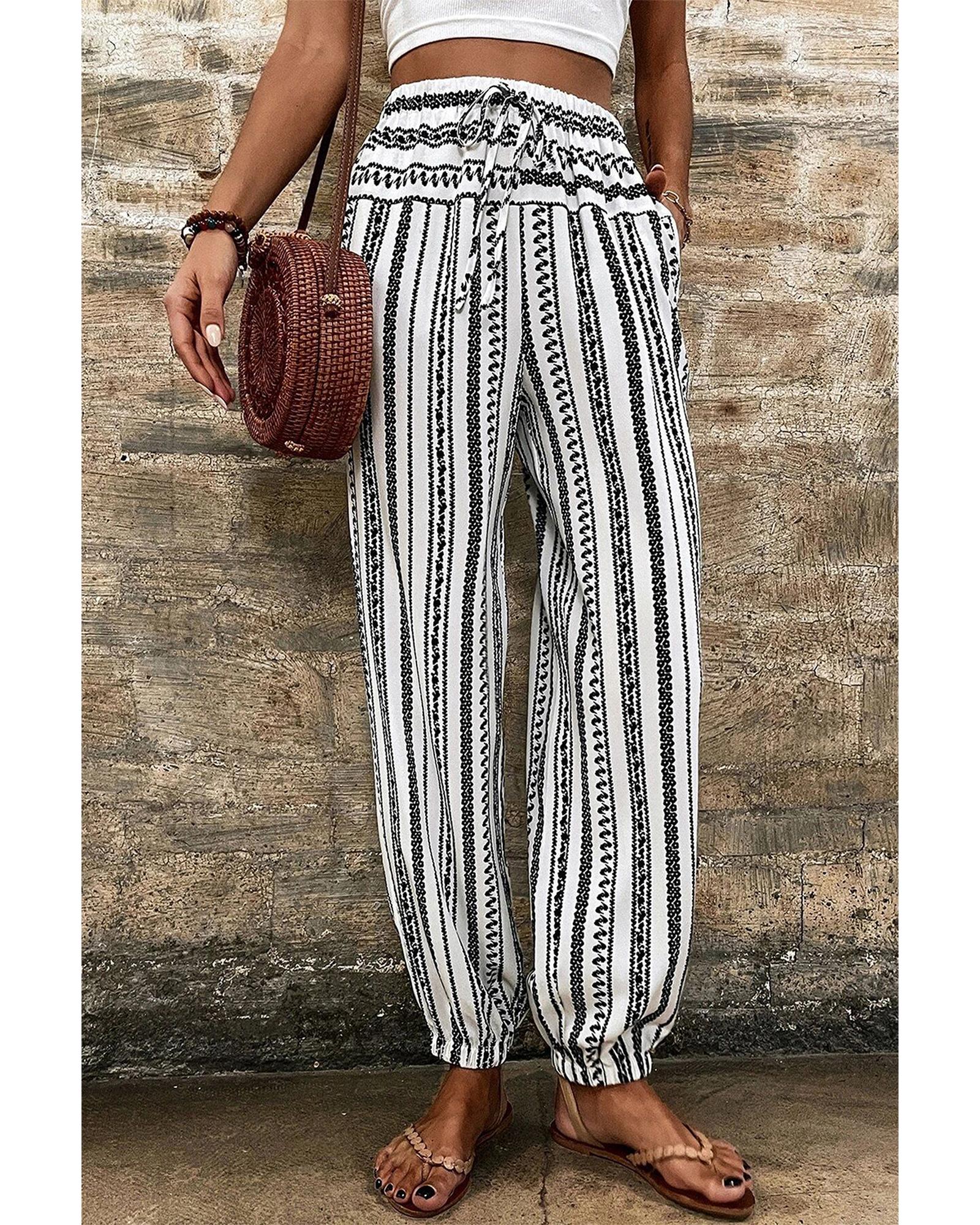Black Stripe Boho Striped Print Casual Pants - L 4