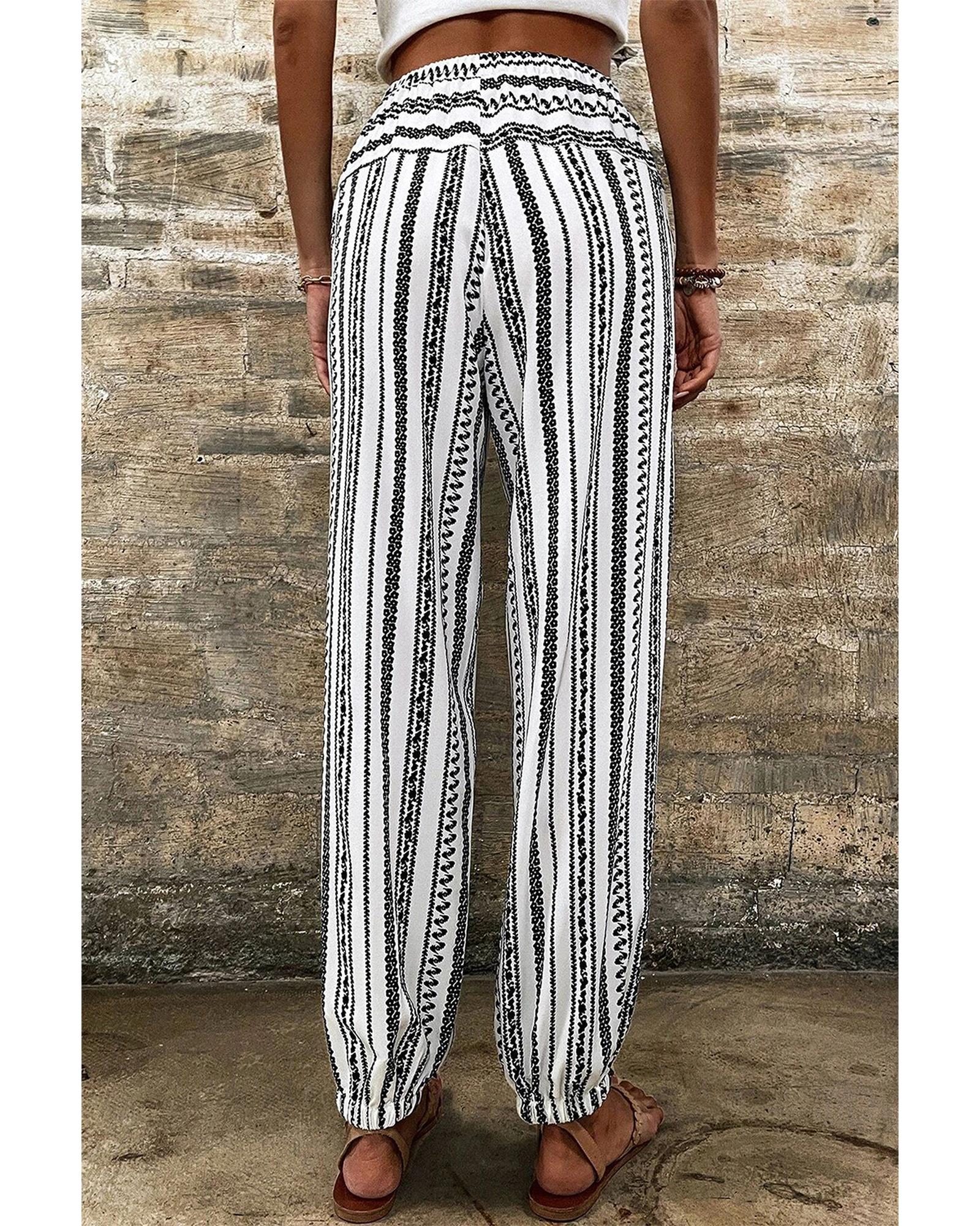 Black Stripe Boho Striped Print Casual Pants - L 5