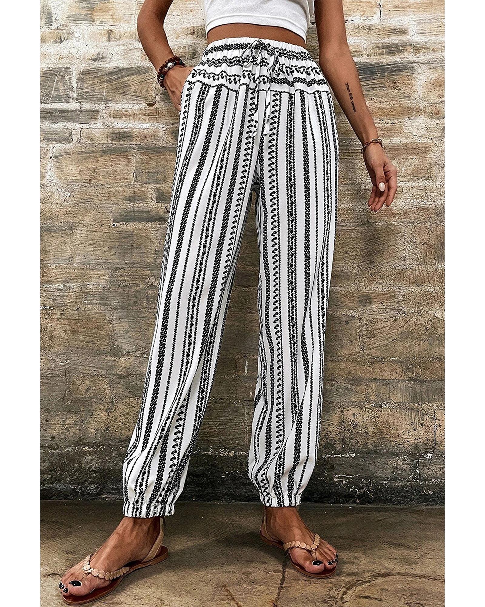 Black Stripe Boho Striped Print Casual Pants - L 6