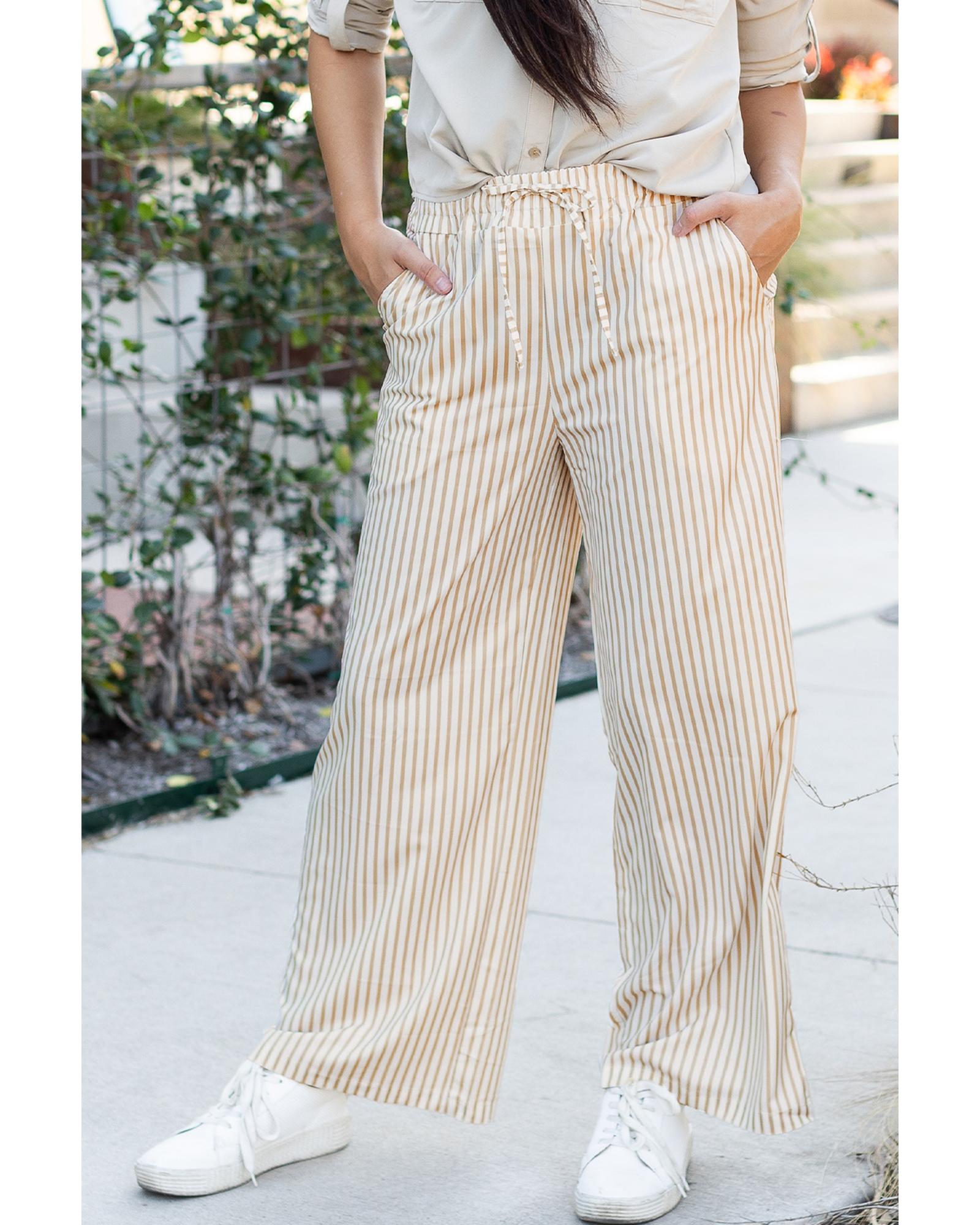 Khaki Stripe Print Wide Leg Drawstring Pants - XL 3