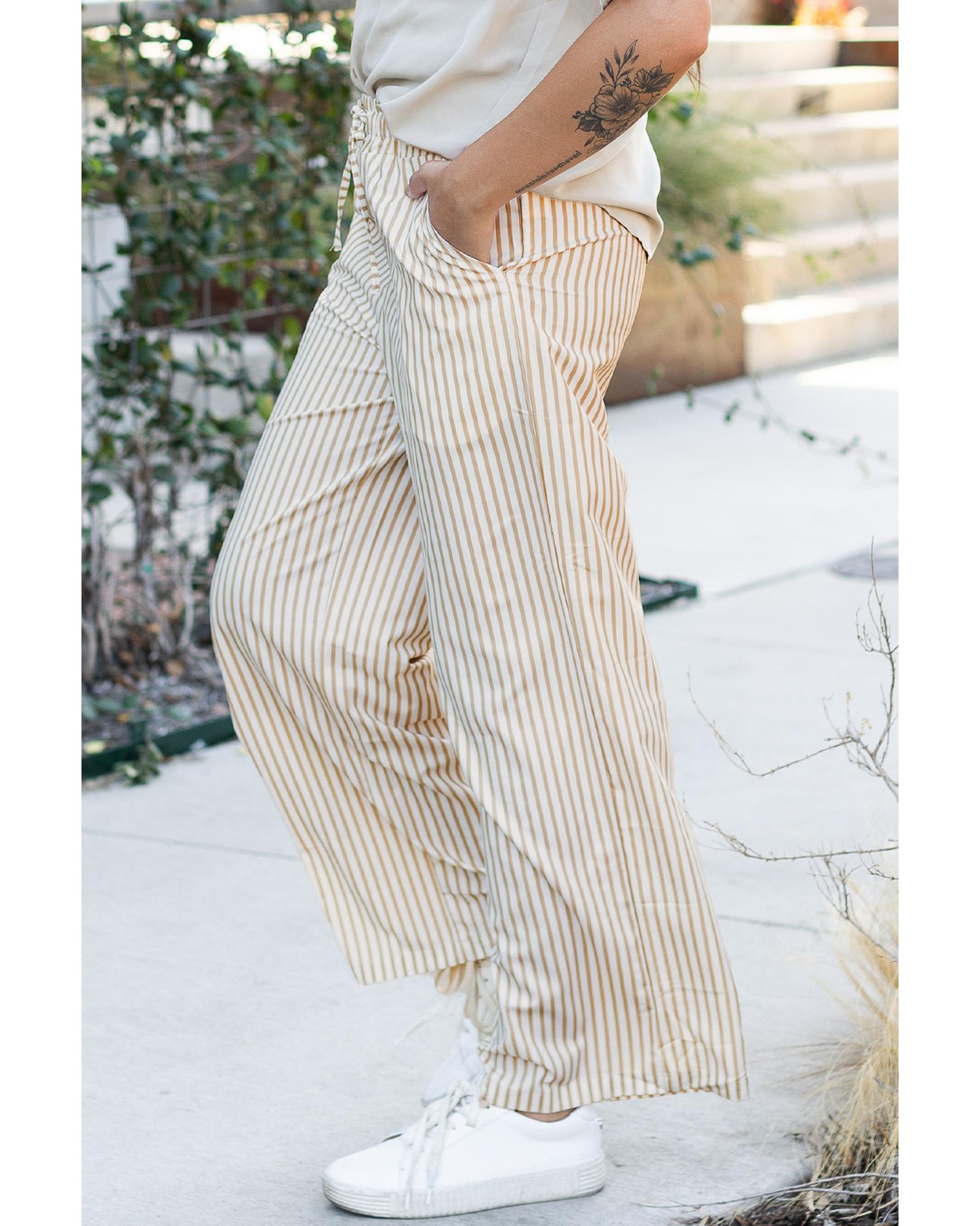 Khaki Stripe Print Wide Leg Drawstring Pants - XL 4