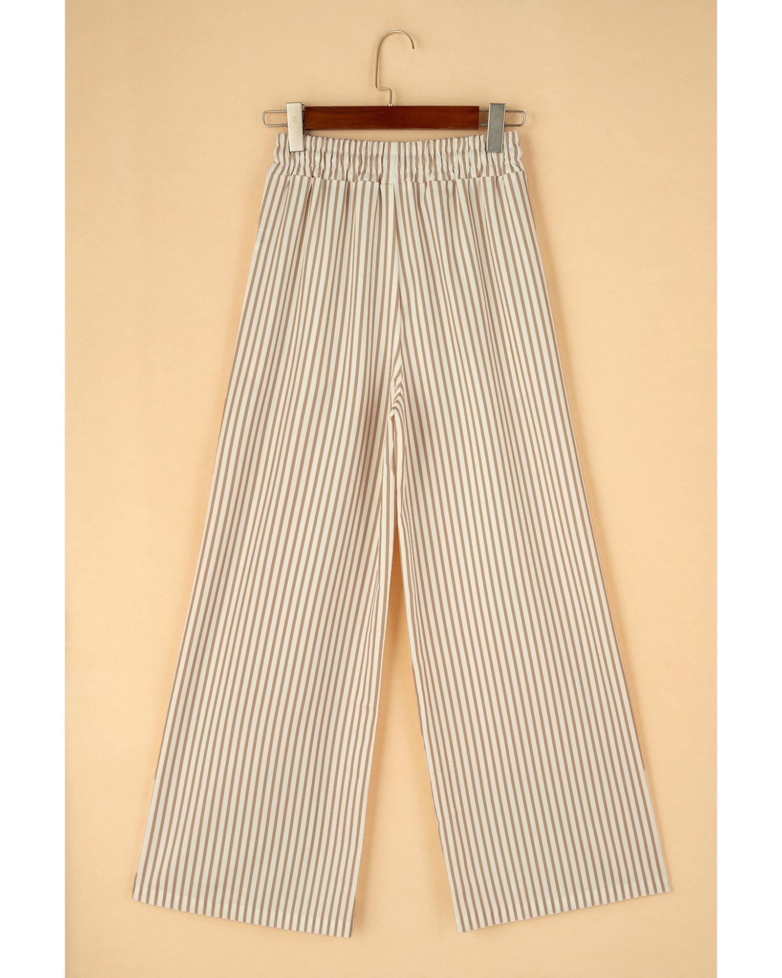 Khaki Stripe Print Wide Leg Drawstring Pants - XL 5