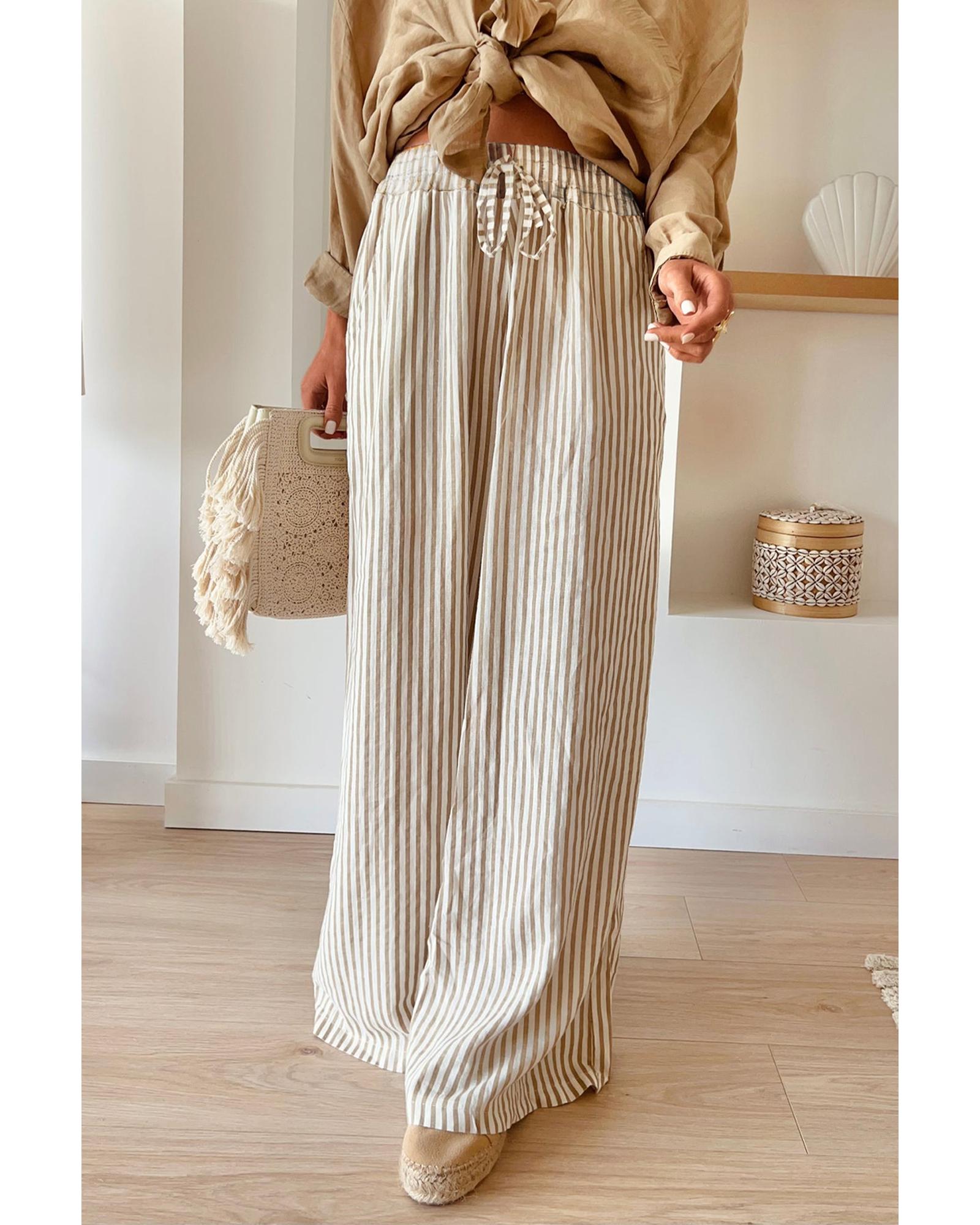 Khaki Stripe Print Wide Leg Drawstring Pants - XL 6