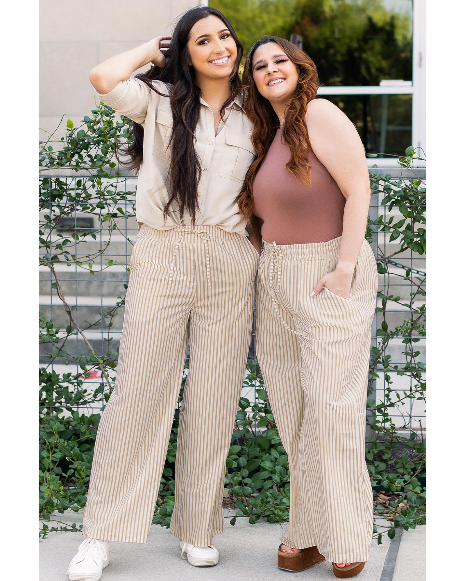 Khaki Stripe Print Wide Leg Drawstring Pants - XL 7