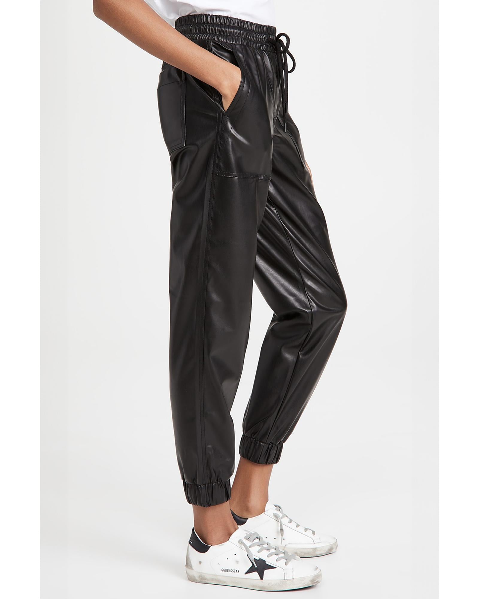 Black Faux Leather Ankle Smocked Waist Drawstring Joggers - L