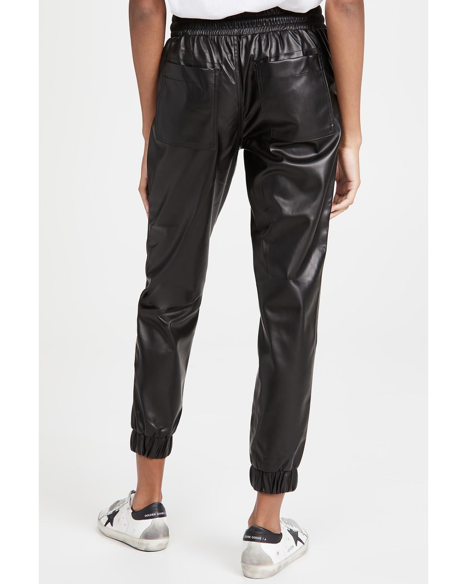 Black Faux Leather Ankle Smocked Waist Drawstring Joggers - XL 3